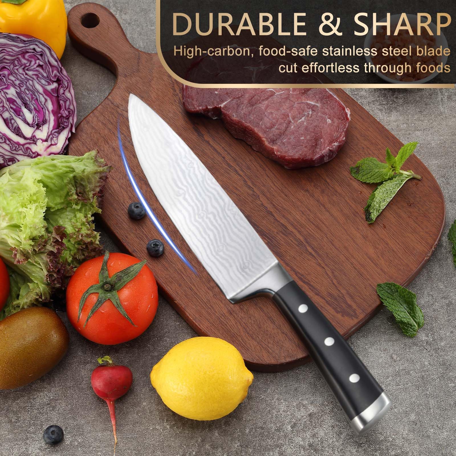 BEWOS 8.3-Inch Professional Chef Knife Set with Sharpener - Ultra Sharp Stainless Steel Kitchen Knives for Cooking, Slicing & Chopping - Ergonomic Handle & Gift Box - Perfect for Home Chefs & Professional Kitchens