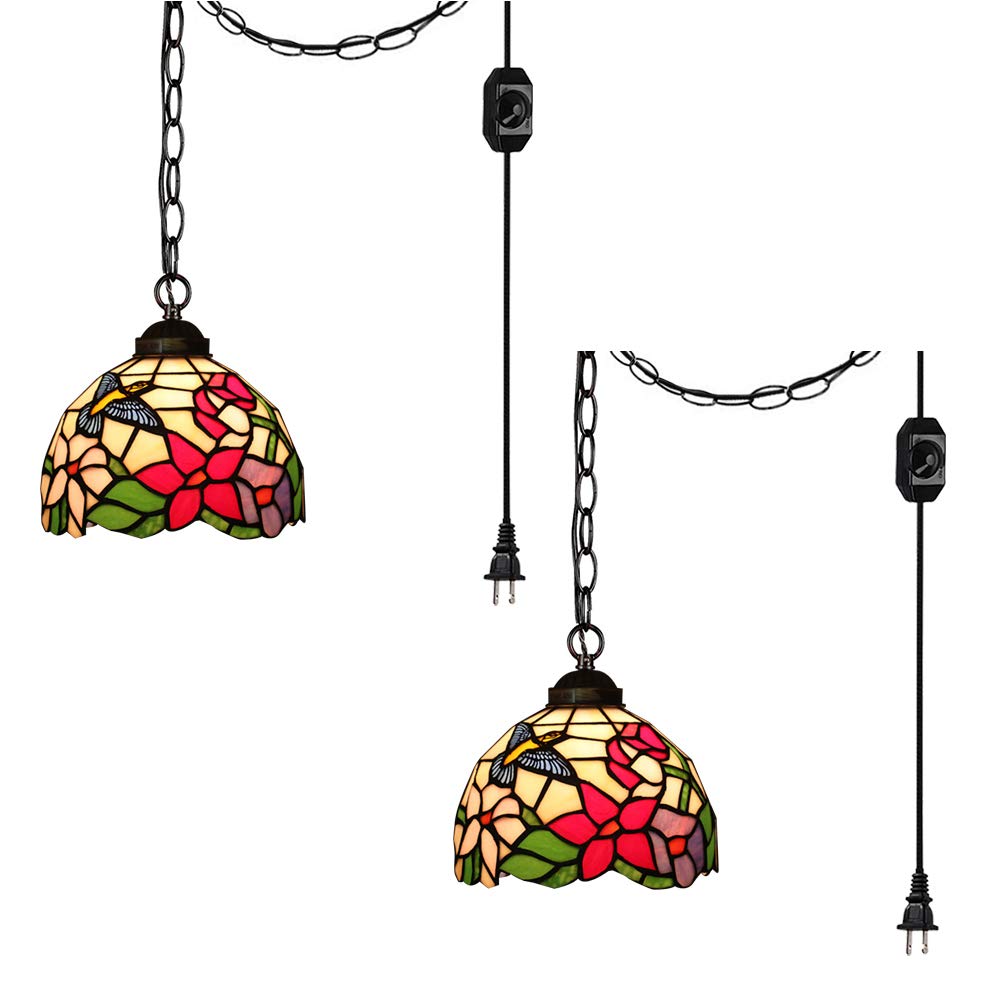 Vintage Tiffany Pendant Light - 15ft Plug-in Swag Pendant Lighting with UL Listed Dimmer Switch, Iron Chain & Colorful Handmade Glass Shade - Antique Chandelier Style Decorative Hanging Light - Customizable 2-Pack for Dining Room, Kitchen Island or Bedroom Lighting