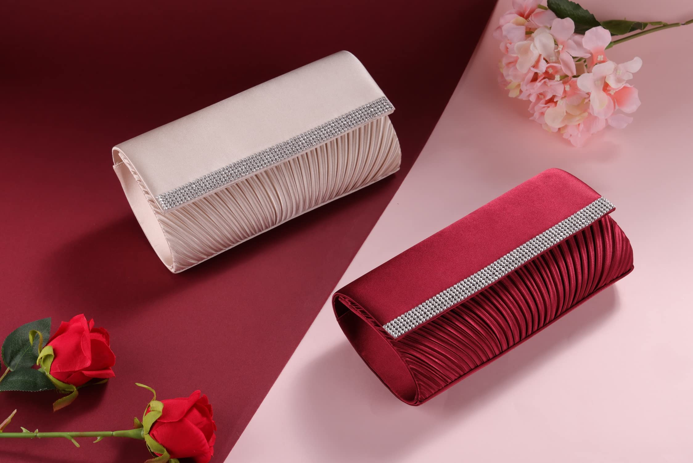 Elegant Rhinestone Pleated Satin Clutch Purse for Women - Sparkly Evening Bag for Party, Prom, Wedding & Special Occasions | Crossbody Handbag with Adjustable Chain