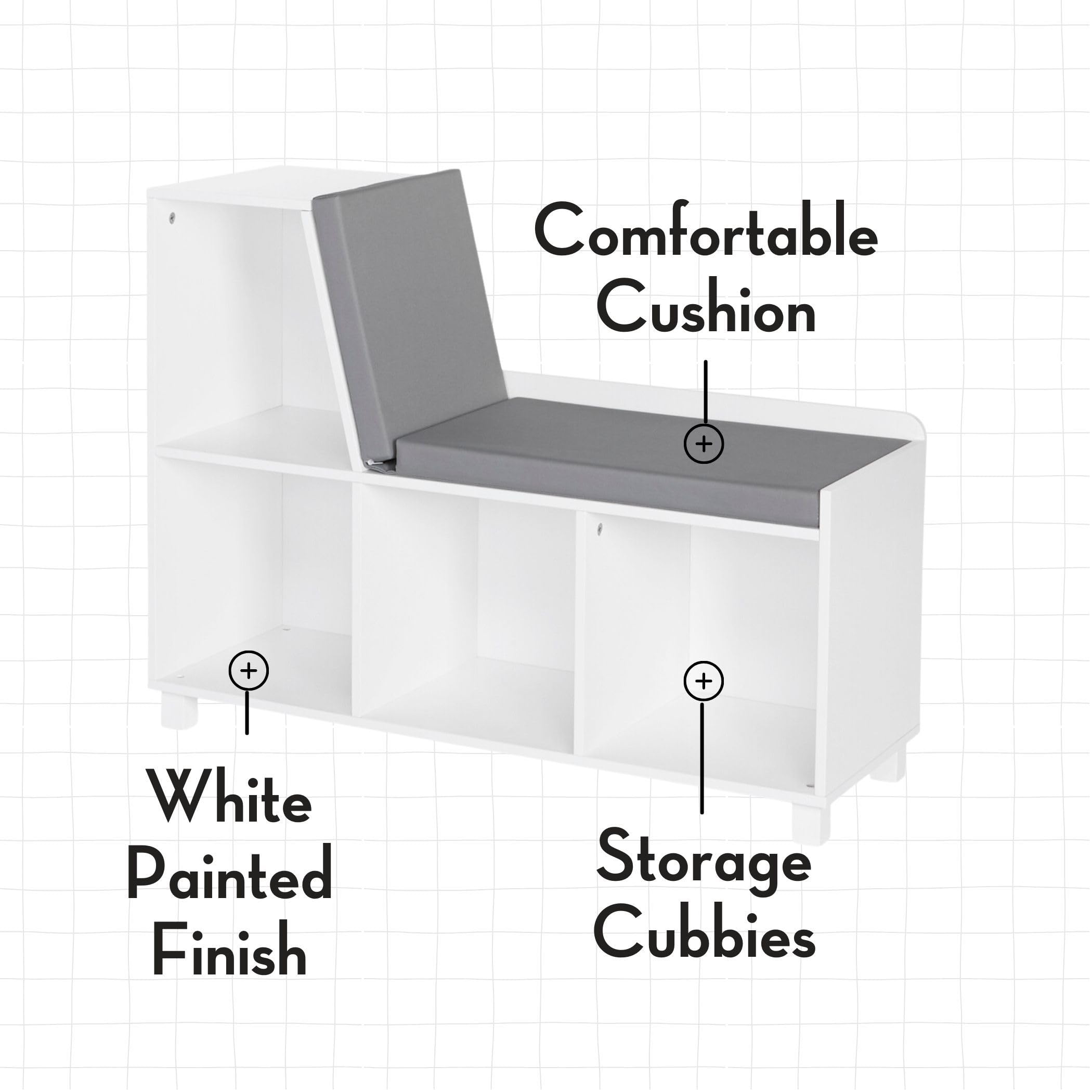 **RiverRidge Kids Book Nook & Toy Storage Bench with Comfy Cushion, White Cubby Organizer & Red Bins - Perfect for Playroom, Bedroom, or Classroom Organization**
