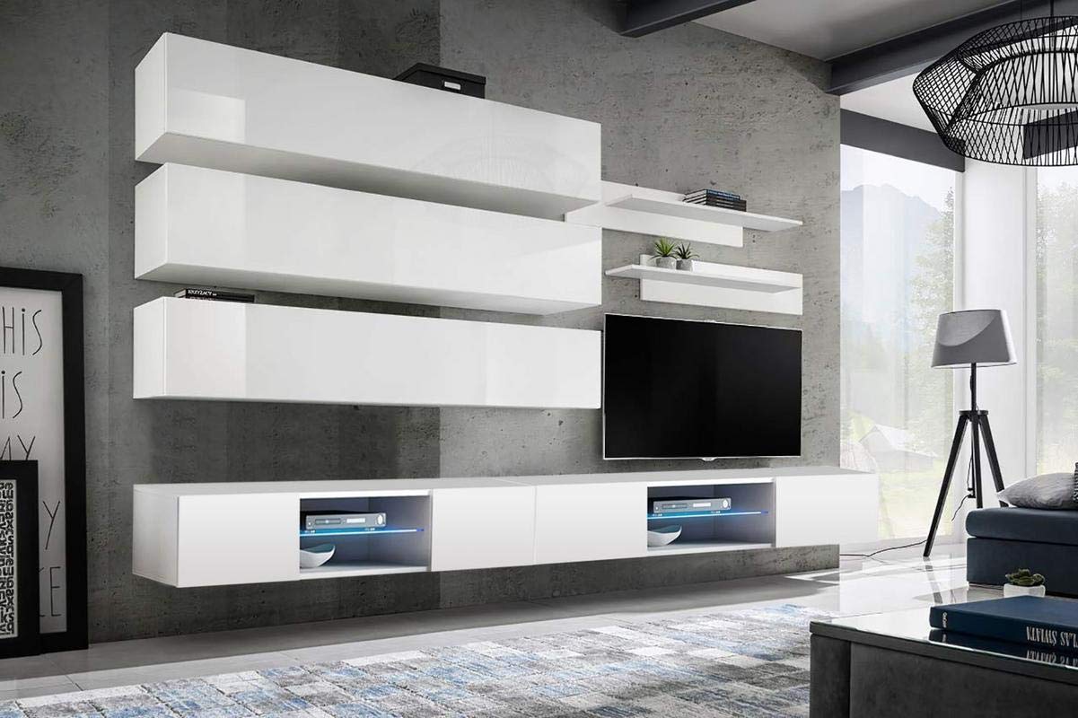 Modern White Wall-Mounted TV Stand with Storage Shelves & LED Lights - 33