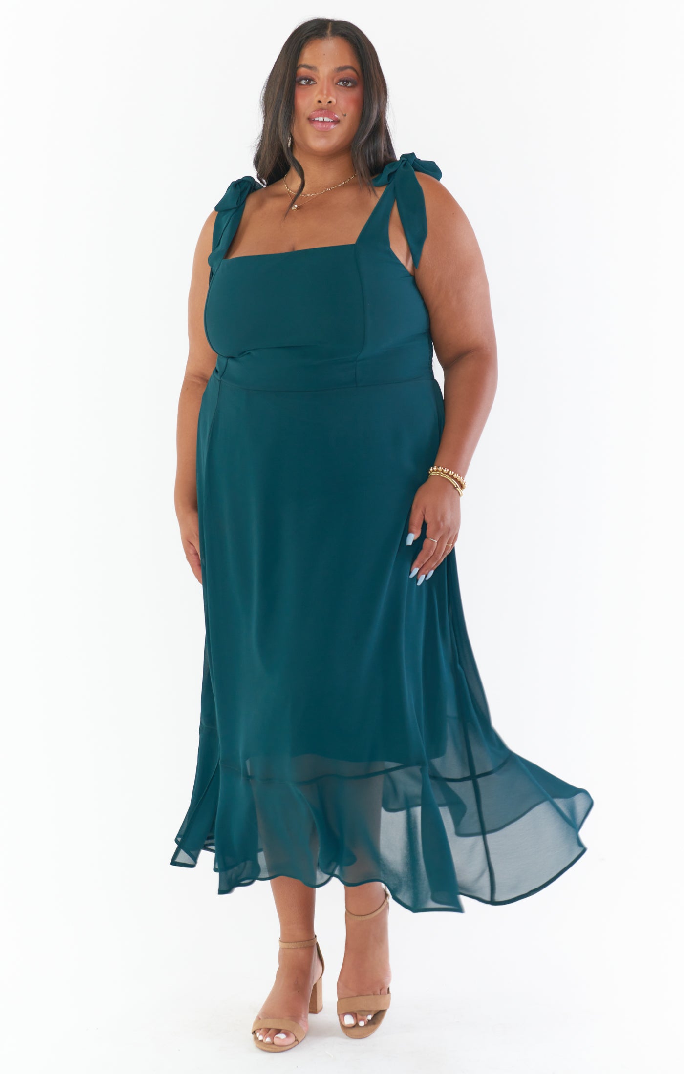 Claire Midi Dress for Women - Elegant Emerald Green Chiffon Formal Dress for Evening Party, Wedding Guest, Cocktail Event