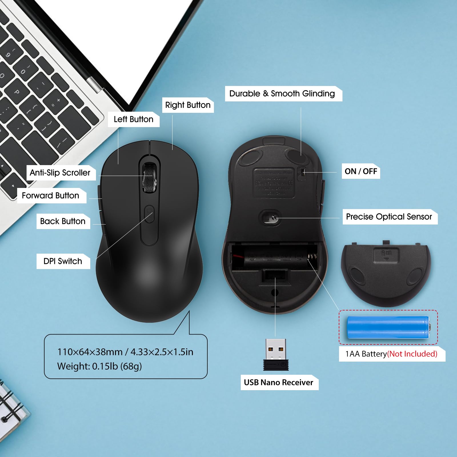 Wireless Silent Mouse for Laptop, PC, Chromebook, Mac - 2400 DPI Ergonomic USB Mouse with Side Buttons, Anti-Slip Scroll Wheel & Nano Receiver - Perfect for Office, Gaming & Home Use (Black)