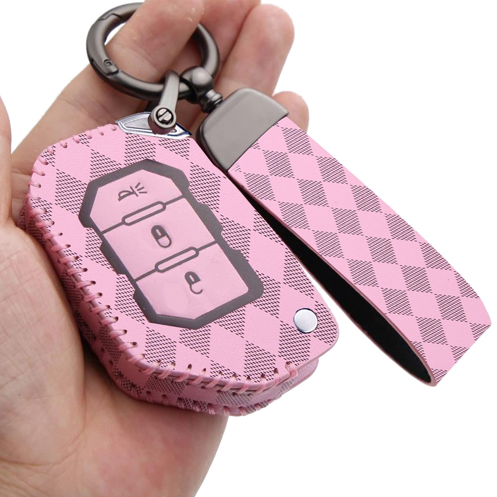 LoyalSoldier Leather Key Fob Cover for Jeep Wrangler Gladiator Sahara Rubicon - Durable Protective Key Shell Case with Keychain (Pink) - Perfect for Off-Road Adventures & Daily Use