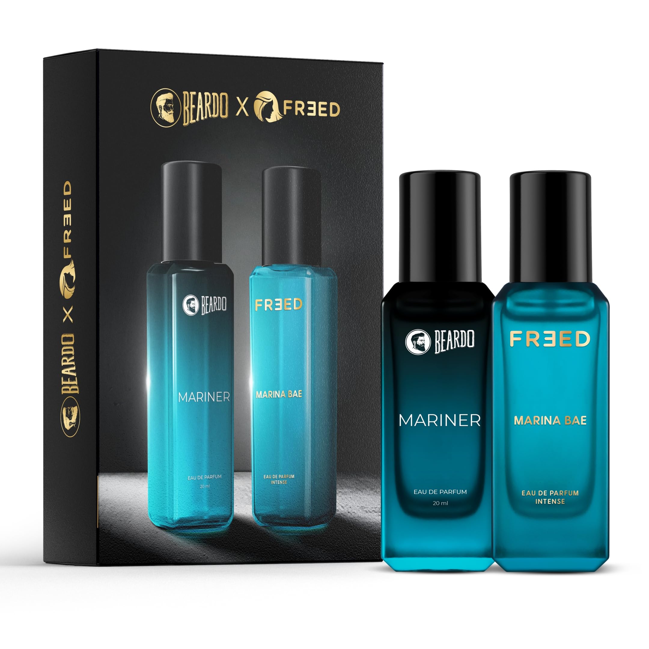 Beardo Mariner Eau de Parfum for Men & Freed Marina Bae Perfume for Women - 20ml x 2 Set | Fresh Aquatic Long-Lasting Fragrance with Romantic Notes | Perfect Valentine's Day Gift for Husband, Boyfriend & Special Occasions | Date Night, Anniversary & Wedding Perfume Gift Set