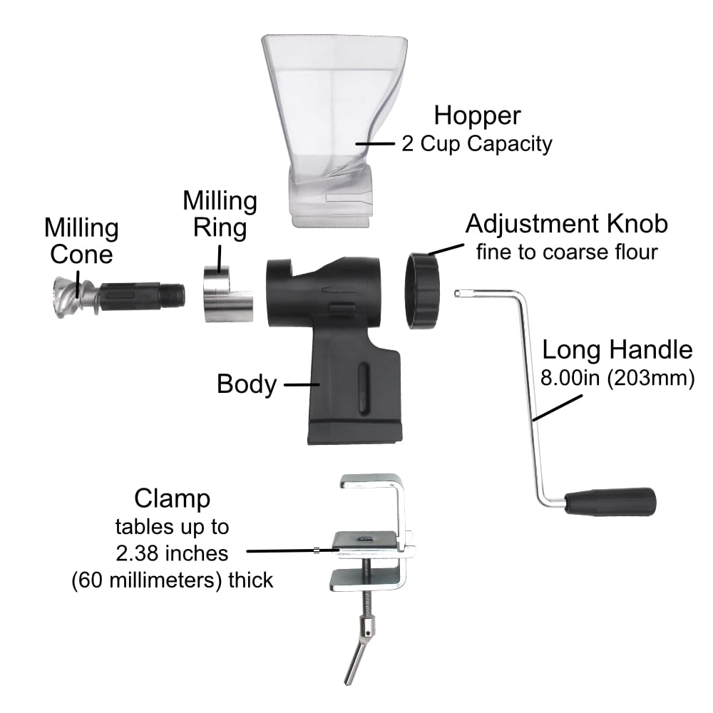 Premium Hand Crank Grain Mill - Stainless Steel Wheat Flour Grinder with Metal Burrs for Home Baking, Bread Making & Healthy Cooking | Perfect for Fresh Flour, Pancakes & Artisan Recipes