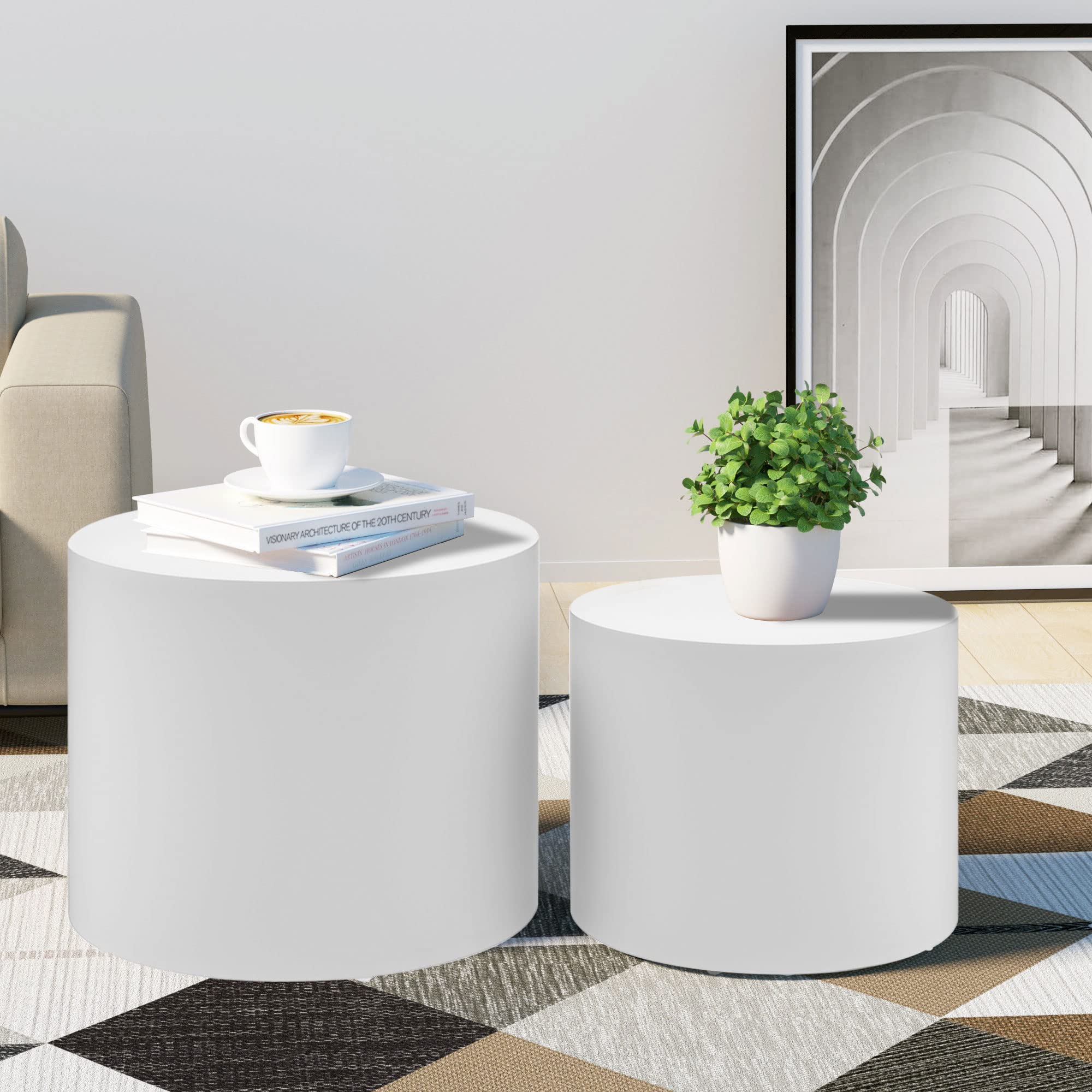 HMFULE 2-Piece Round Nesting Coffee Table Set - Side Table & End Table for Small Spaces - White | Perfect for Living Room, Bedroom, Balcony & Office Decor