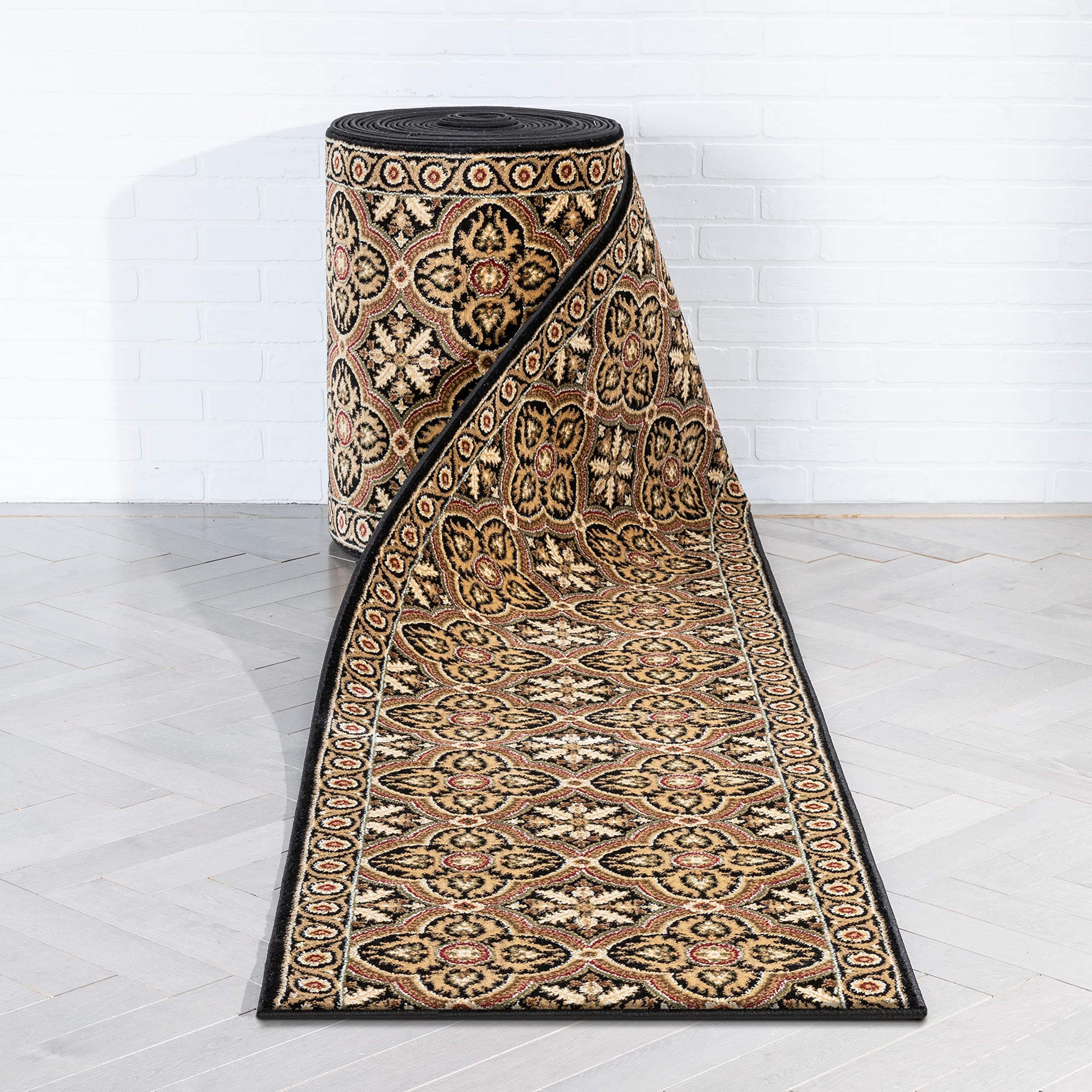 Well Woven Custom Size Runner Rug - Silas Black Persian Quatrefoil Design - 31