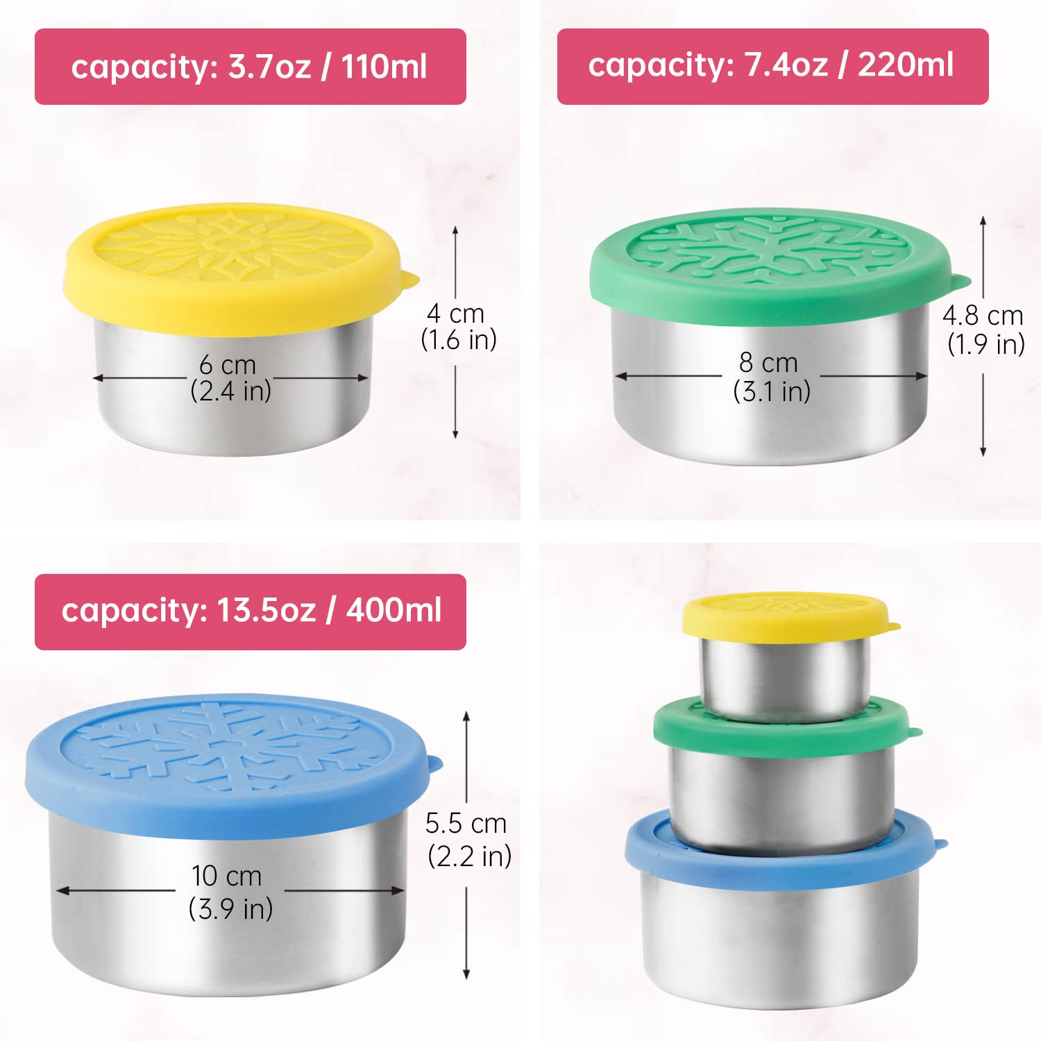 LALASTAR 3-Piece Stainless Steel Food Storage Containers Set with Leakproof Silicone Lids (110ml, 220ml, 400ml) - Reusable Metal Lunch Box for Snacks, Bento, Sauces & Meal Prep - Perfect for Office, School, Picnics & Travel