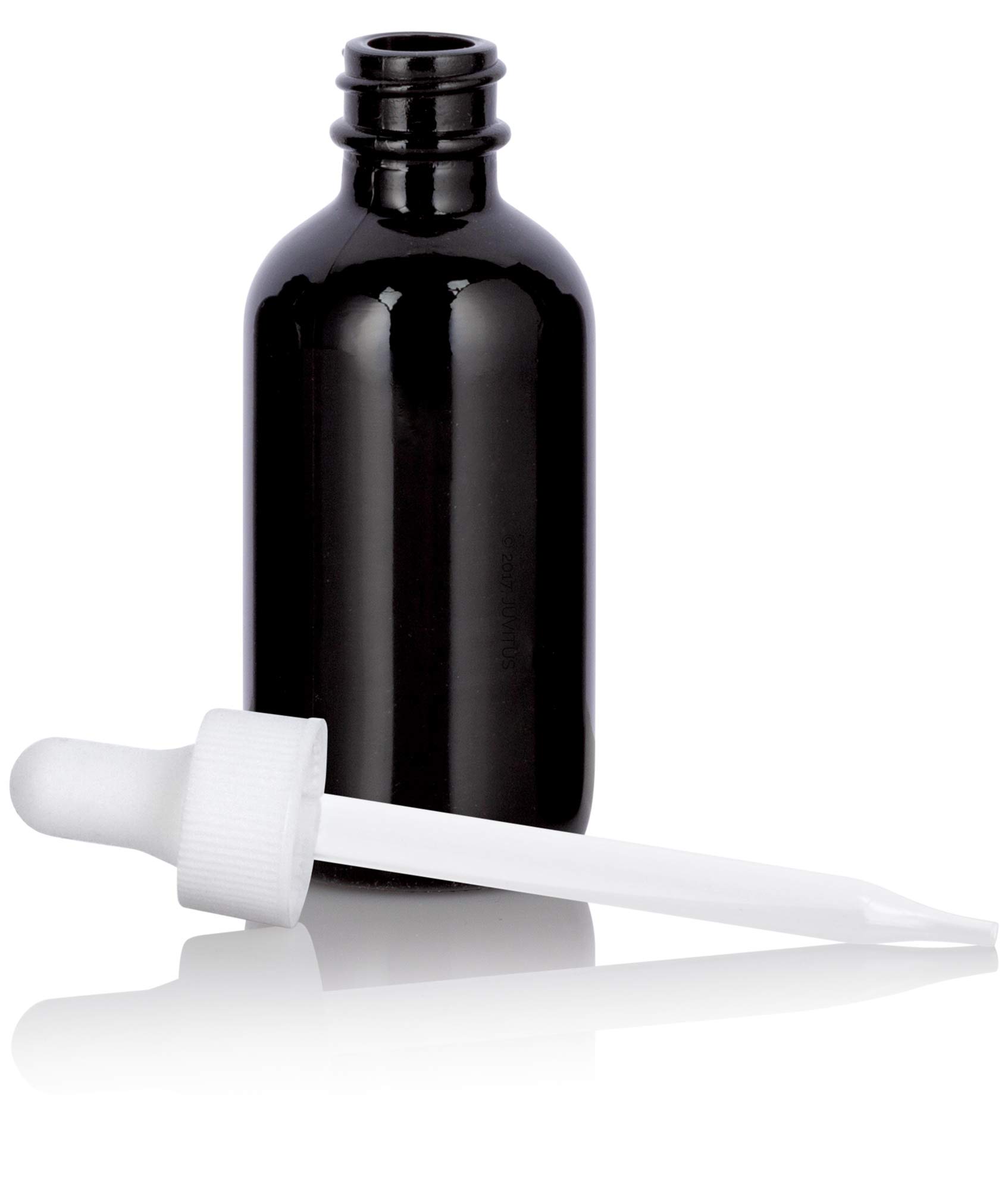 JUVITUS 2 oz Black Glass Luxury Boston Round Bottles with White Dropper & Funnel (6 Pack) - Essential Oil Bottles, DIY Skincare Containers, Travel-Sized Toiletry Storage