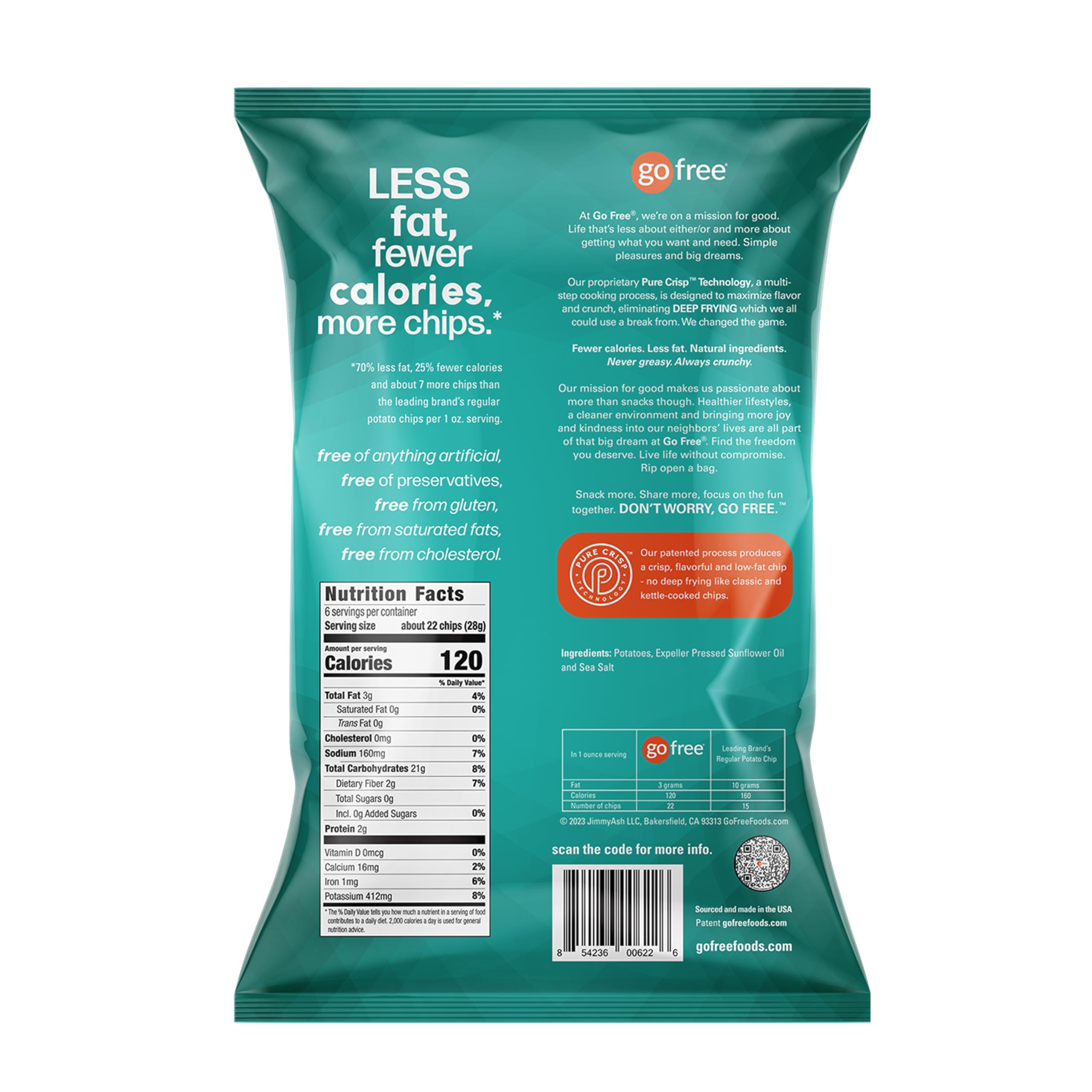 GO FREE Healthy Potato Chips - Low Fat, Gluten Free Vegan Snacks Made with Real Potatoes - Sea Salt Flavor - 6 oz Bags (6-Pack) - Perfect for School Lunches, Office Snacks & Road Trips