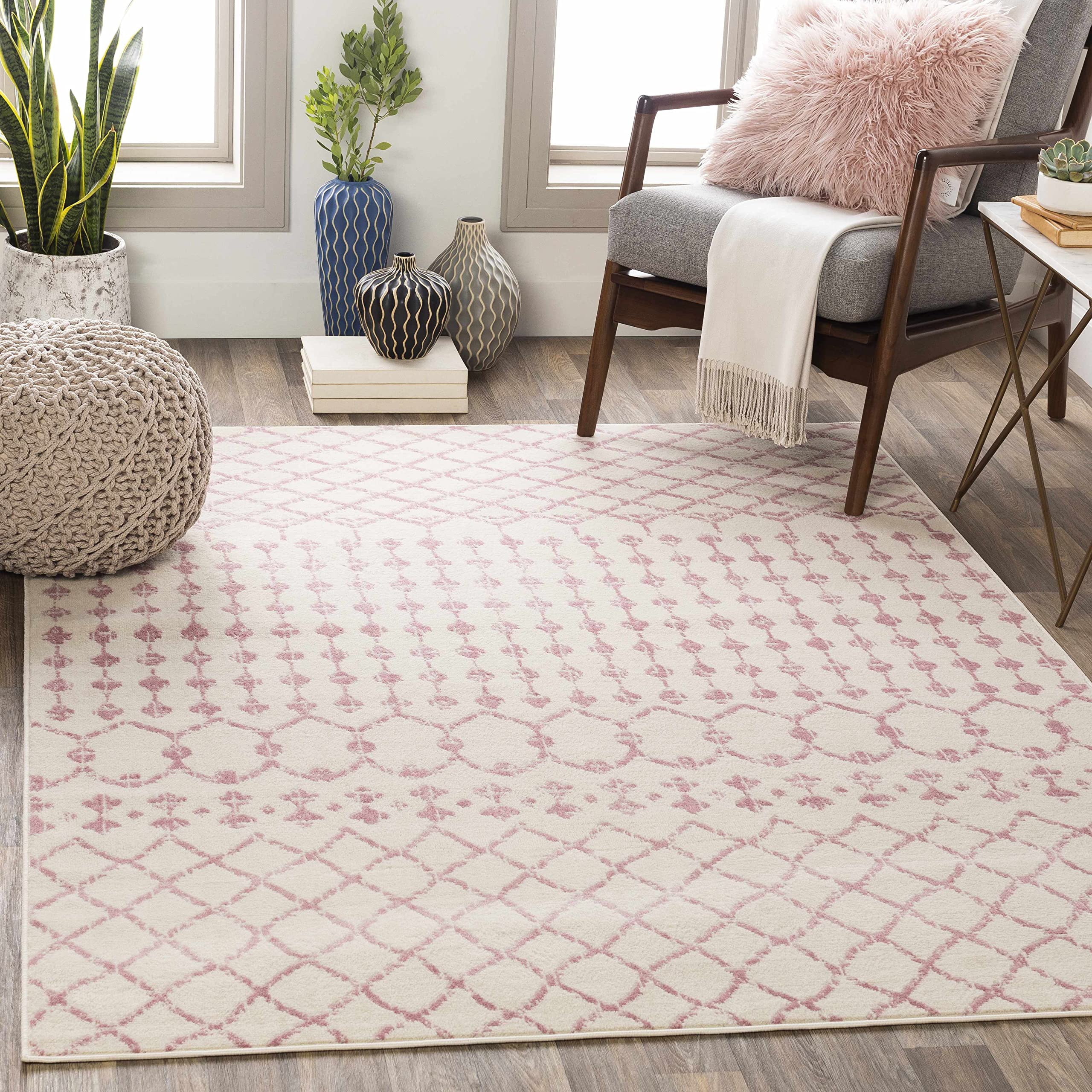 Hauteloom Glentana Moroccan Trellis Farmhouse Area Rug - Bohemian Geometric Design in Pink, Beige, Cream - 6'7