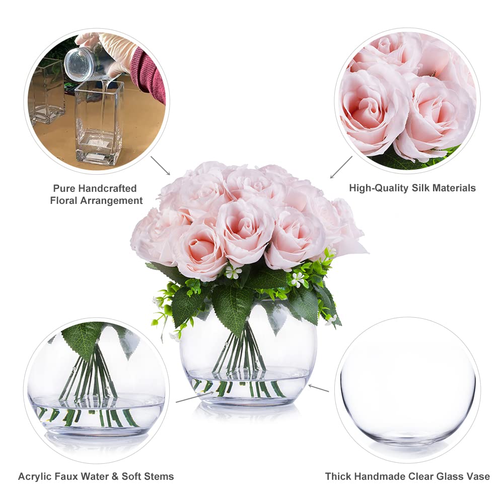 ENOVA FLORAL 18 Heads Silk Rose Artificial Flowers in Vase - Pink Faux Rose Bouquet with Round Bowl Vase & Faux Water for Home, Wedding, Office Table Decor - Perfect for Centerpieces, Dining Tables, and Event Decorations (Pink)