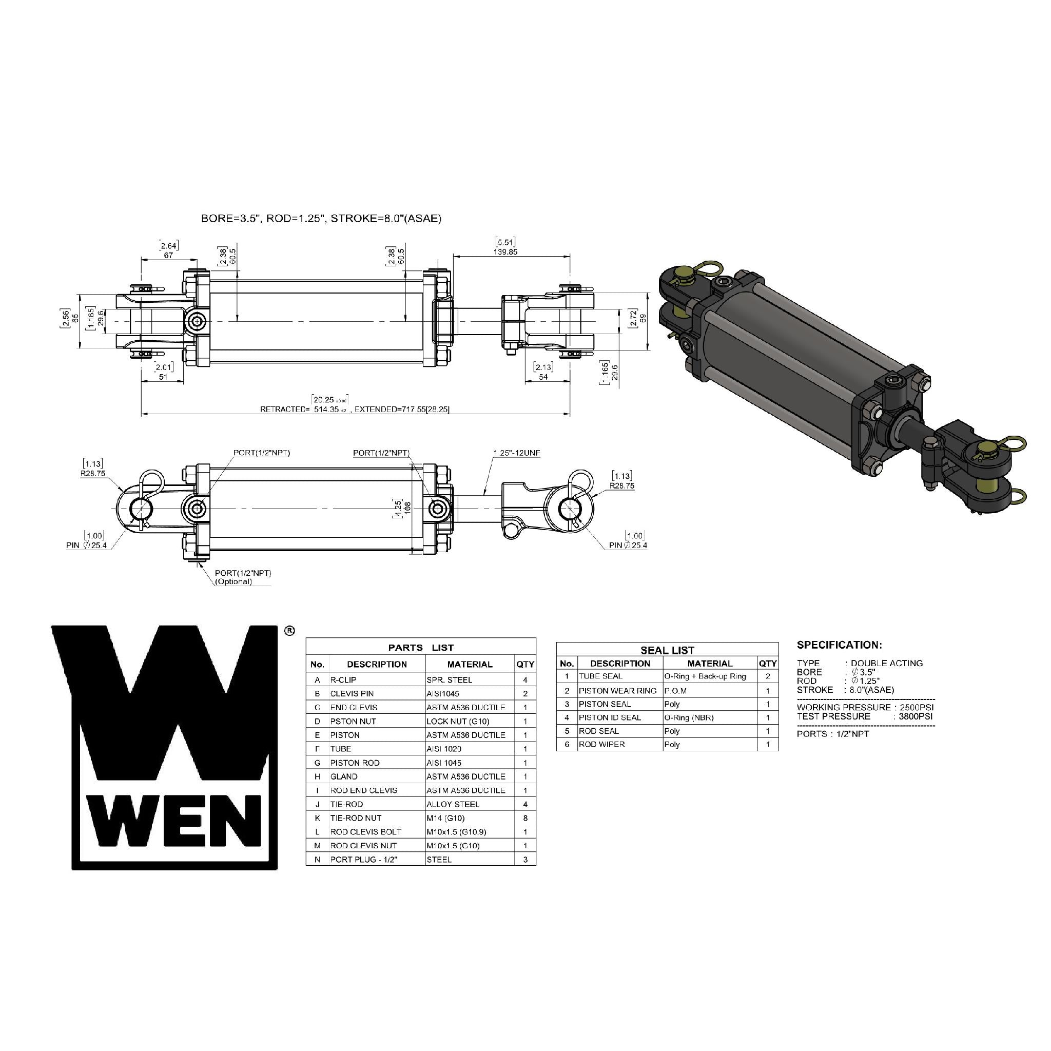 WEN TR3508A 2500 PSI ASAE Tie Rod Hydraulic Cylinder - 3.5 Inch Bore, 8 Inch Stroke - Ideal for Industrial Machinery, Agricultural Equipment & Heavy-Duty Applications
