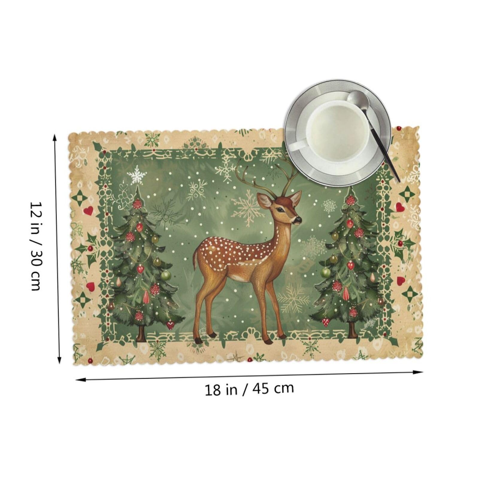 4-Pack Christmas Tree Placemats Set - 12x18 Inch Snowflake & Deer Design Washable Heat-Resistant Table Mats for Kitchen Dining - Perfect for Holiday Decorations, Family Gatherings & Festive Meals
