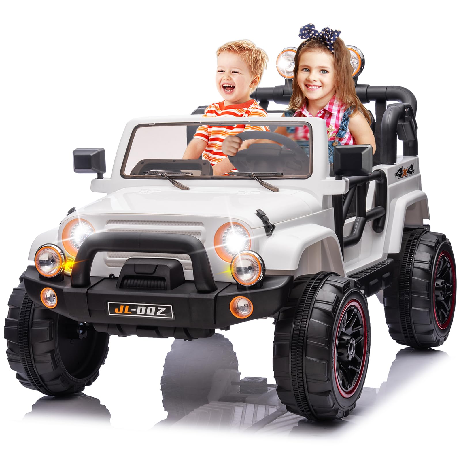 12V Kids Electric Ride On Truck - 2 Seater with Parental Remote Control, MP3 Player, LED Lights & Spring Suspension - White Children's Battery Powered Car for Outdoor Play & Backyard Fun