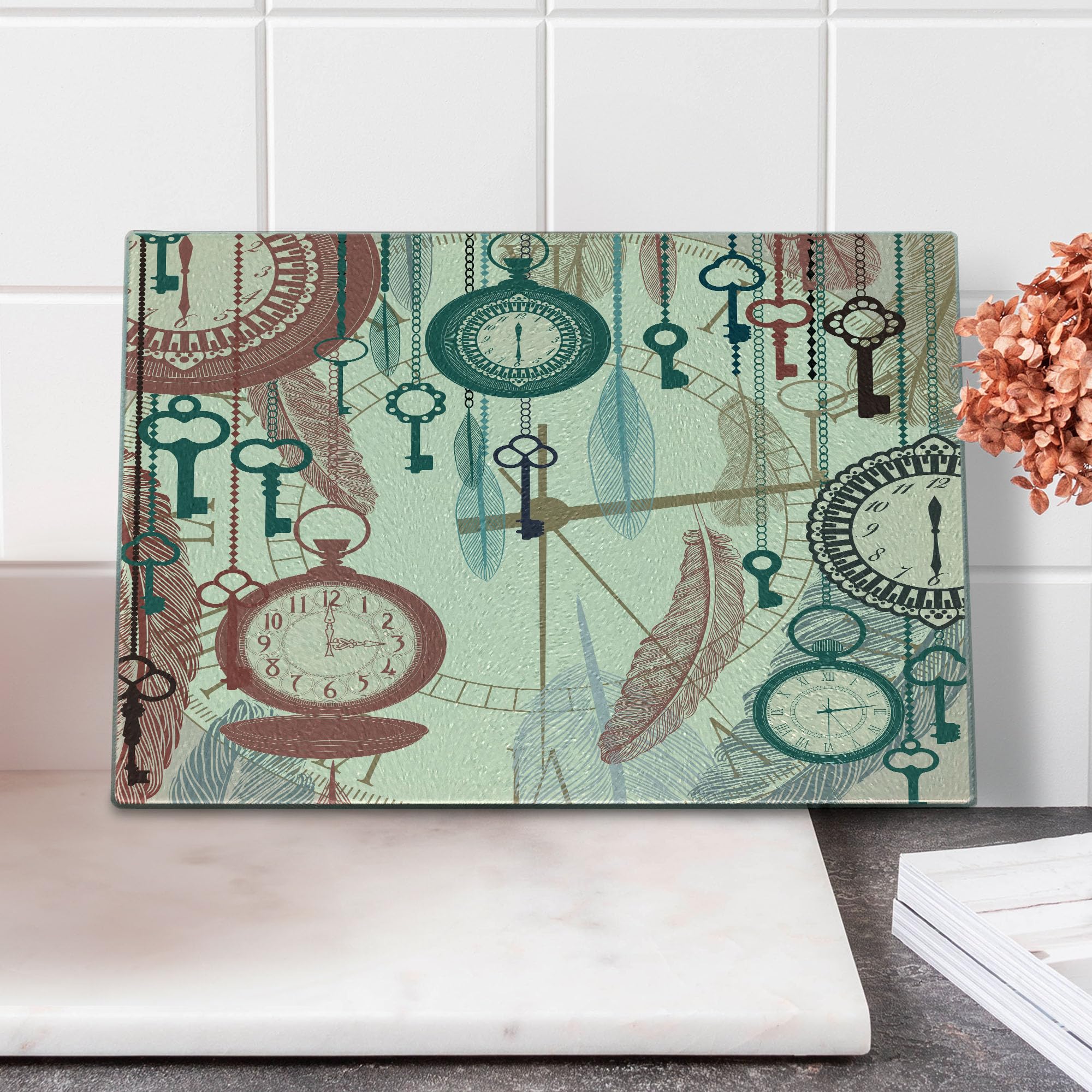 Ambesonne Antique Themed Cutting Board - Vintage Pocket Watch with Feather & Key Design - Tempered Glass Serving Board for Cheese, Charcuterie & Appetizers - Decorative Kitchen Accessory - Small Multicolor Art Piece