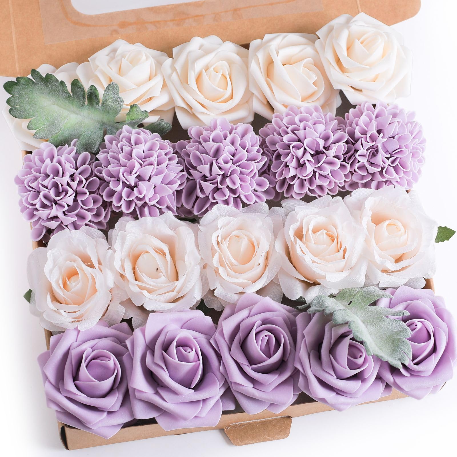 Artificial Rose Flowers - Dusty Rose Gradient Fake Roses with Stems for DIY Wedding Bouquets, Centerpieces, Home Decor, Table Arrangements - Perfect for Wedding, Party, Home Decoration (White Lavender)