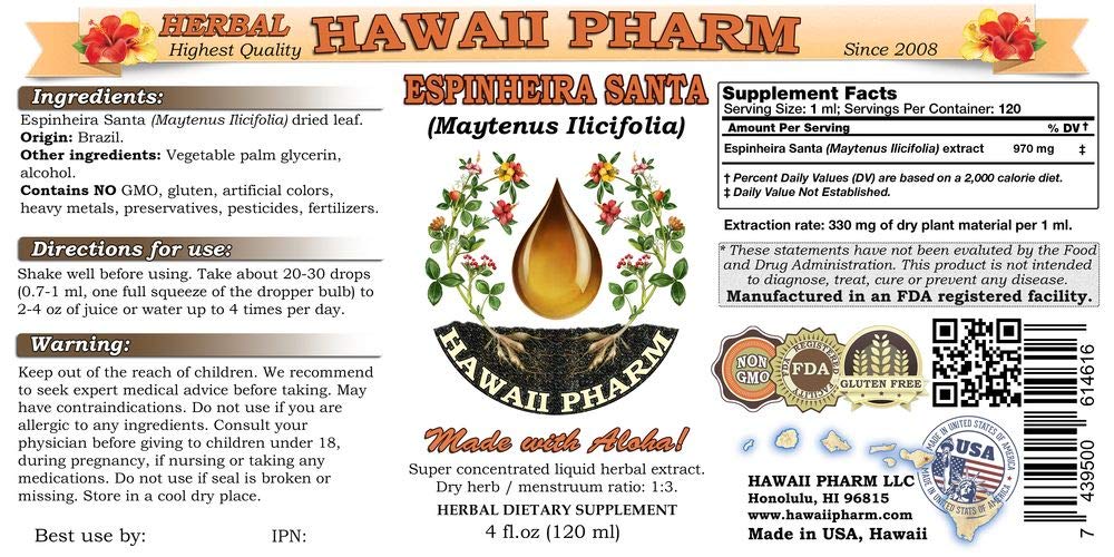 Espinheira Santa (Maytenus Ilicifolia) Tincture - 4x4 oz Organic Dried Leaf Liquid Extract - Herbal Supplement for Digestive Support & Wellness - Natural Remedy for Stomach Discomfort & Gastric Relief