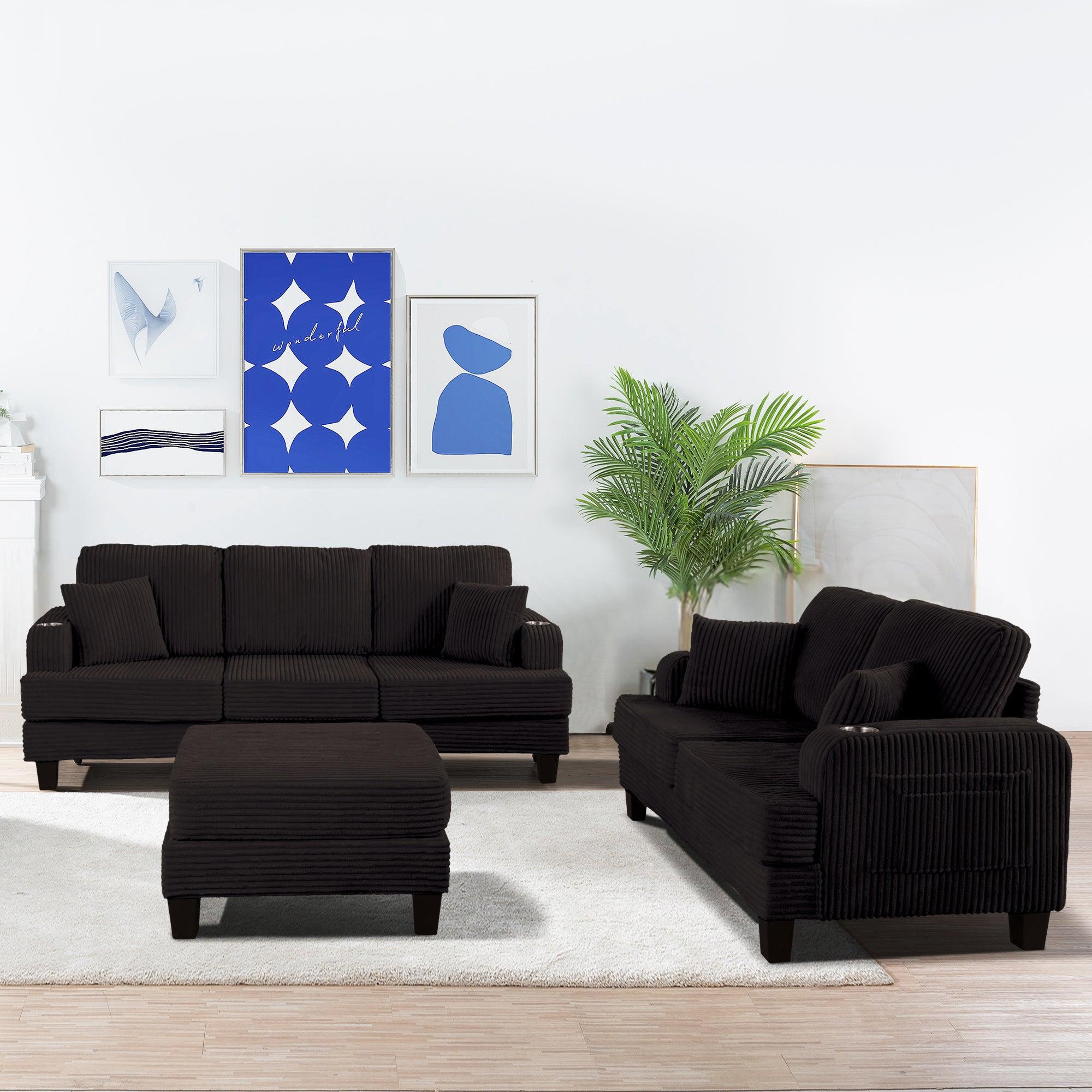 3-Piece Black Sofa Set with Storage Ottoman - Comfy 3-Seater Couch & Loveseat for Living Room | Includes USB Ports, Side Pockets & Throw Pillows | Perfect for Family Gatherings, Movie Nights & Small Space Living