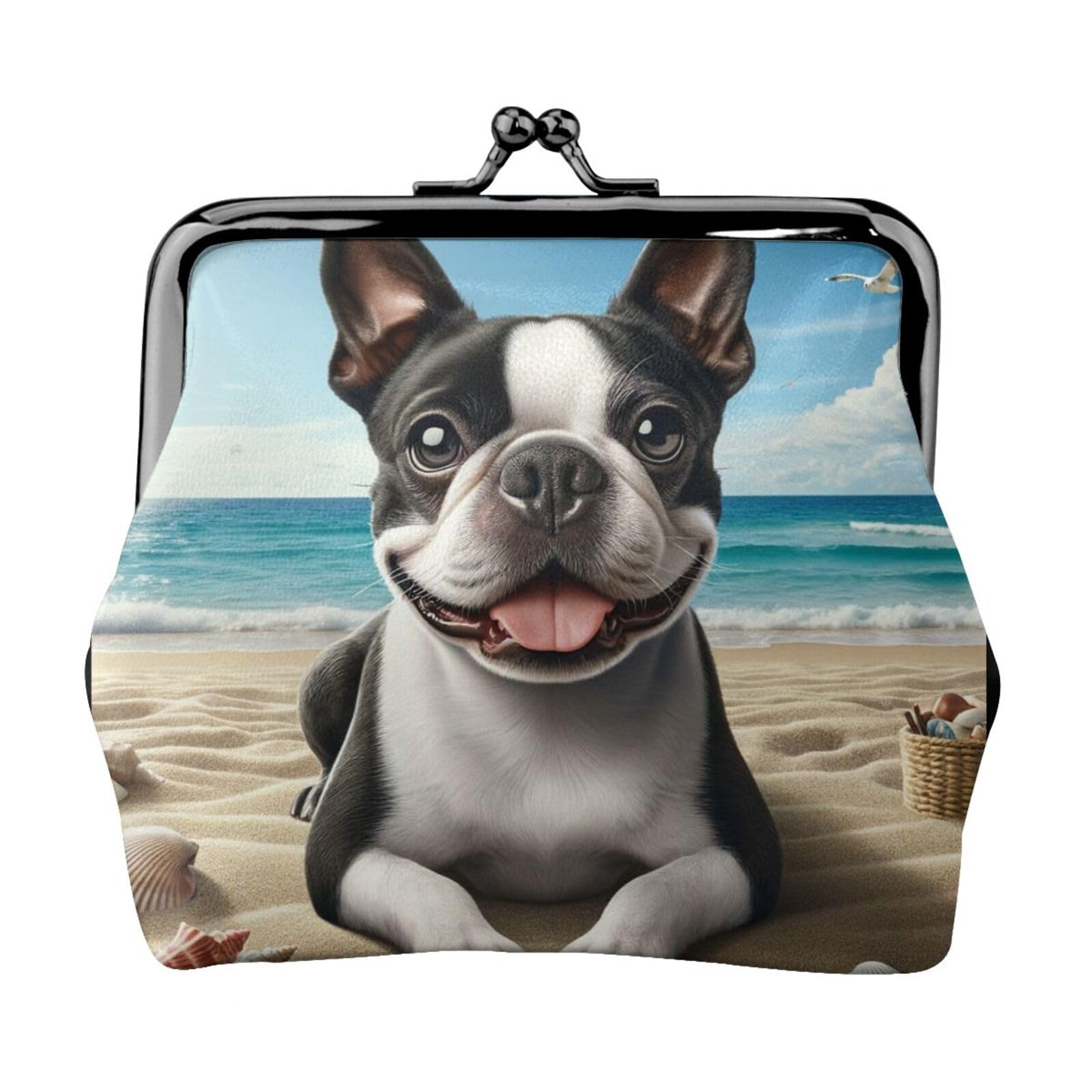 Boston Terrier Beach Themed PU Leather Kiss-Lock Coin Purse - Cute Change Wallet for Girls (Perfect for Beach Trips, Shopping & Gift Giving)