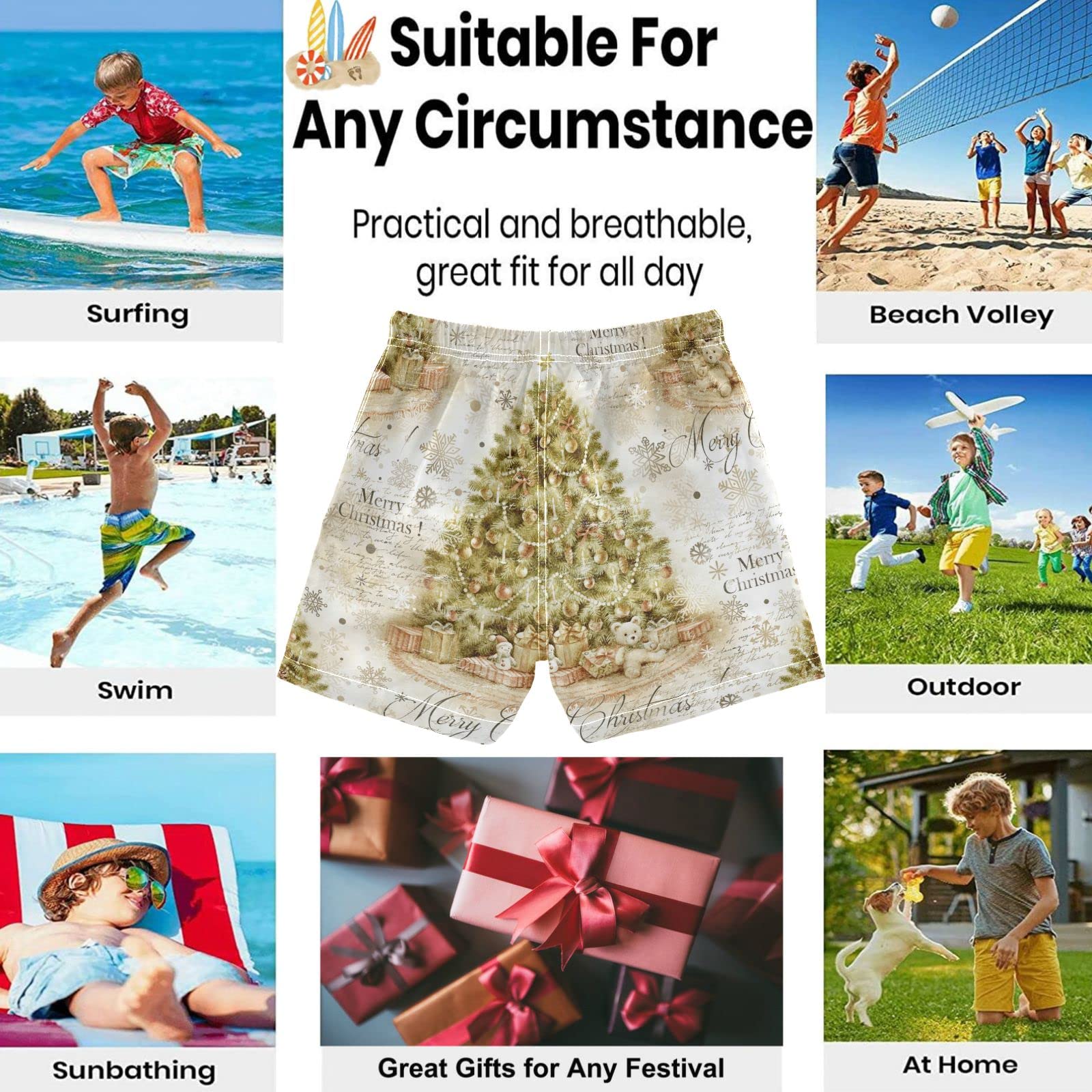 Visesunny Elegant Christmas Tree Boys Swim Trunks - Quick Dry Swimwear for Kids & Toddlers | Perfect for Beach, Pool & Summer Water Activities