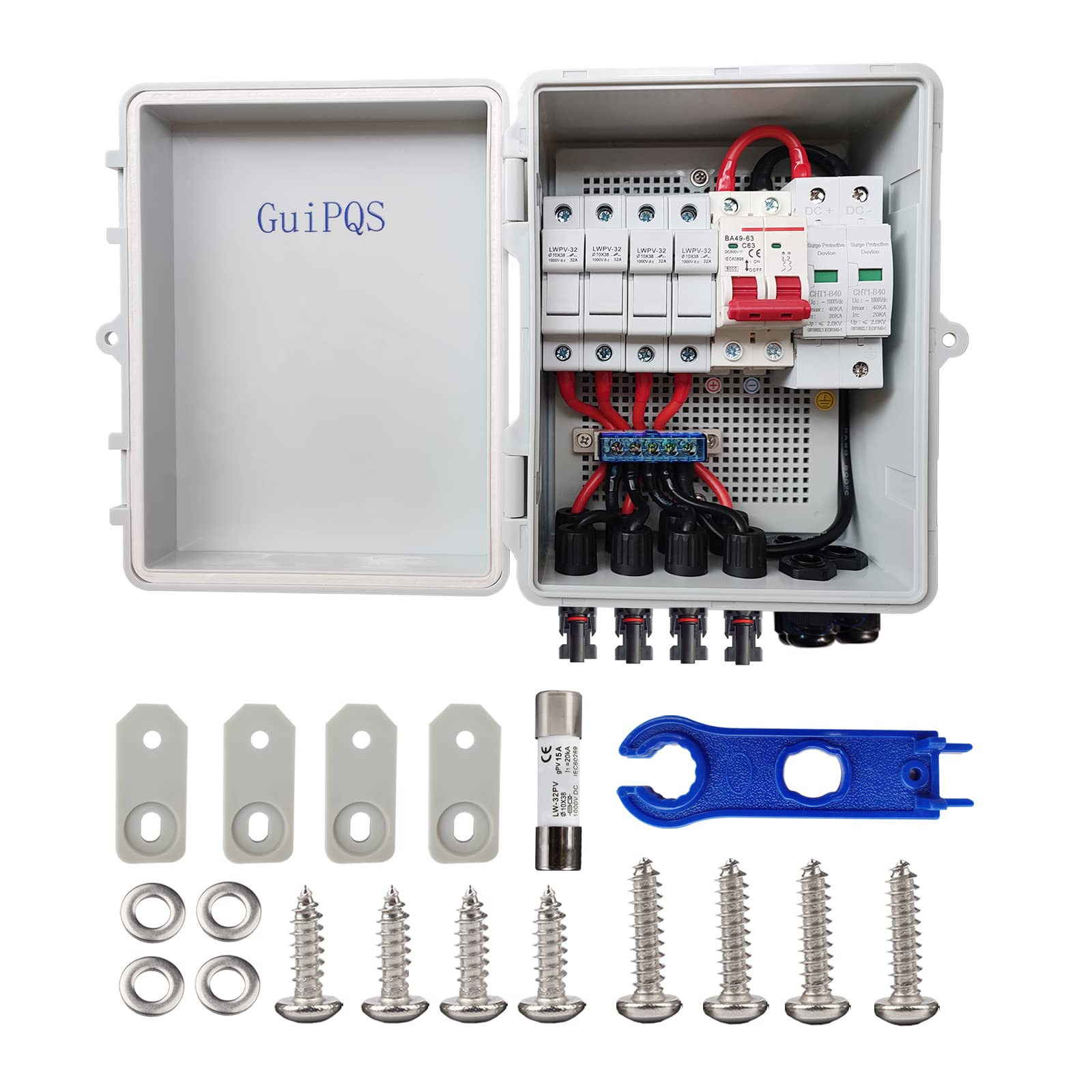 4 String PV Combiner Box with Lightning Arrester - 10AWG Solar Panel Wire, IP65 Waterproof for On/Off Grid Solar Systems | Ideal for Residential & Commercial Solar Panel Installations