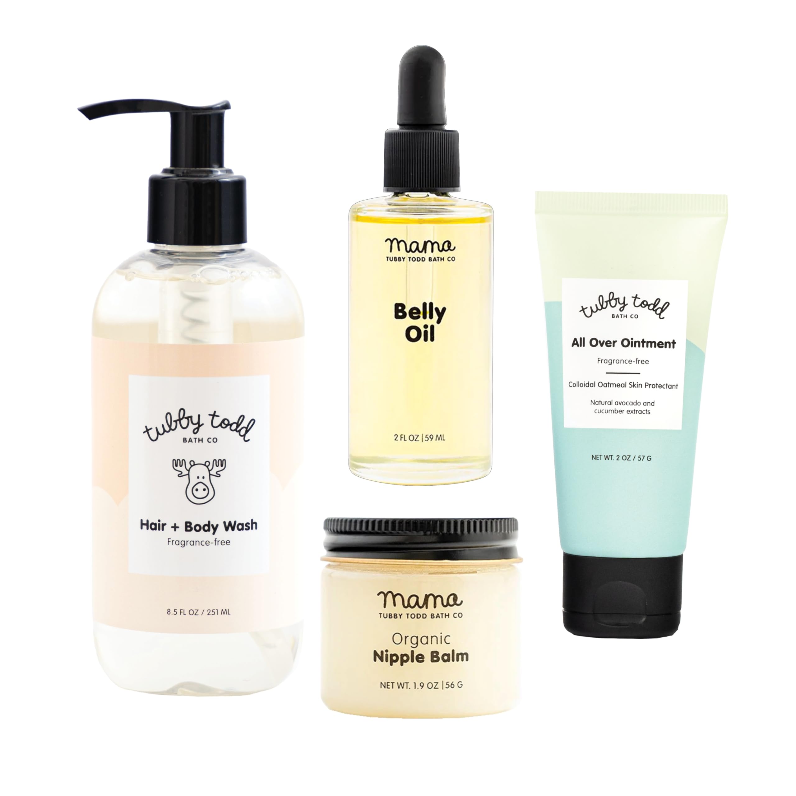 Tubby Todd Sensitive Skincare Gift Set for New Moms & Babies - Fragrance-Free Baby Shampoo & Body Wash 8.5oz, All Over Ointment 2oz, Belly Oil 2oz & Nipple Balm 1.9oz - Perfect for Baby Showers, Newborn Care & Postpartum Recovery