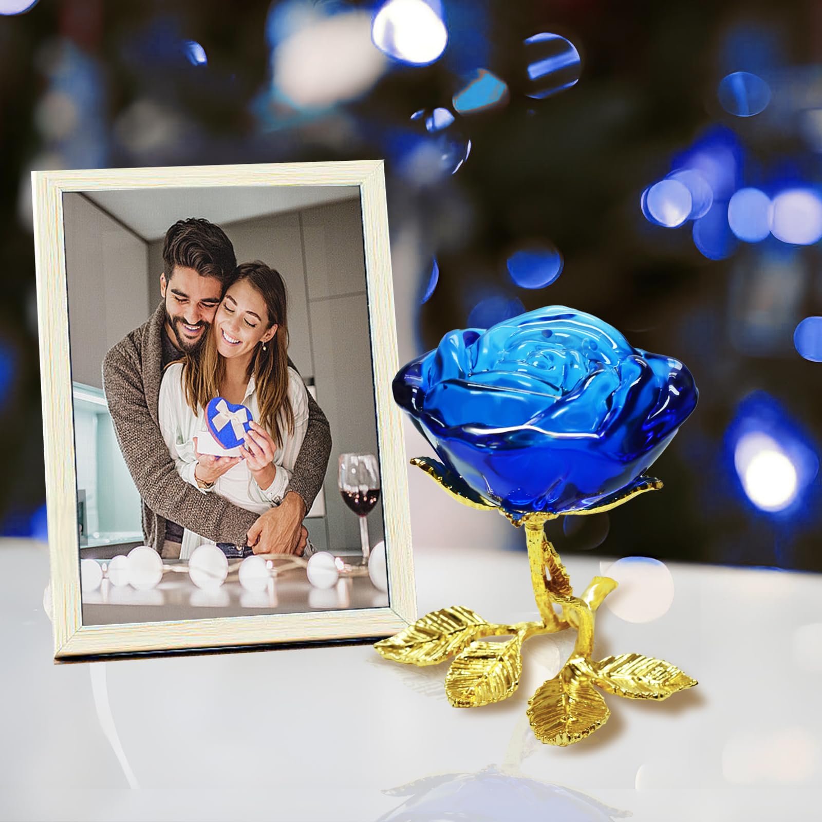 Blue Crystal Rose Gift for Women - Elegant Glass Rose with Golden Leaves, Unique Present for Girlfriend, Wife, Mom | Perfect for Valentine's Day, Mother's Day, Christmas, Birthday, Anniversary | Home Decor, Wedding Centerpiece, Romantic Gift Idea