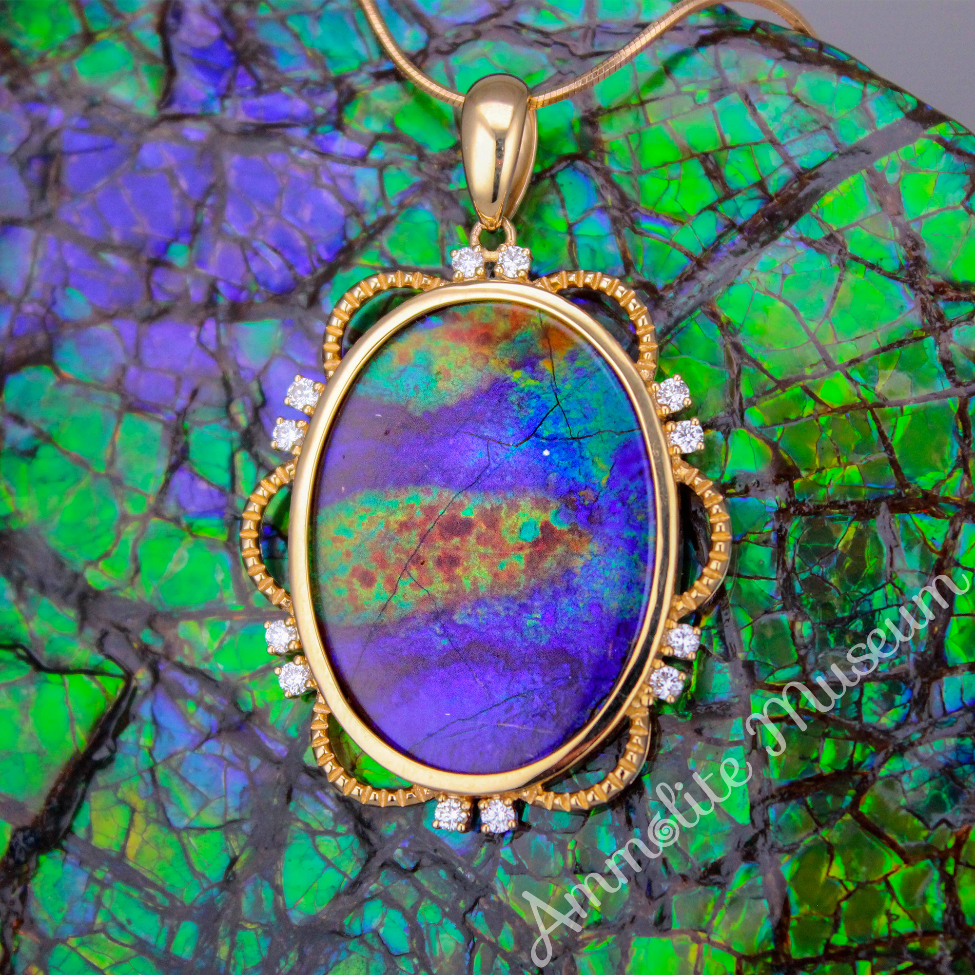 14K Gold Ammolite Pendant with Diamond Accents - Elegant Oval Gemstone Jewelry for Women, Perfect for Gifts, Parties & Special Occasions