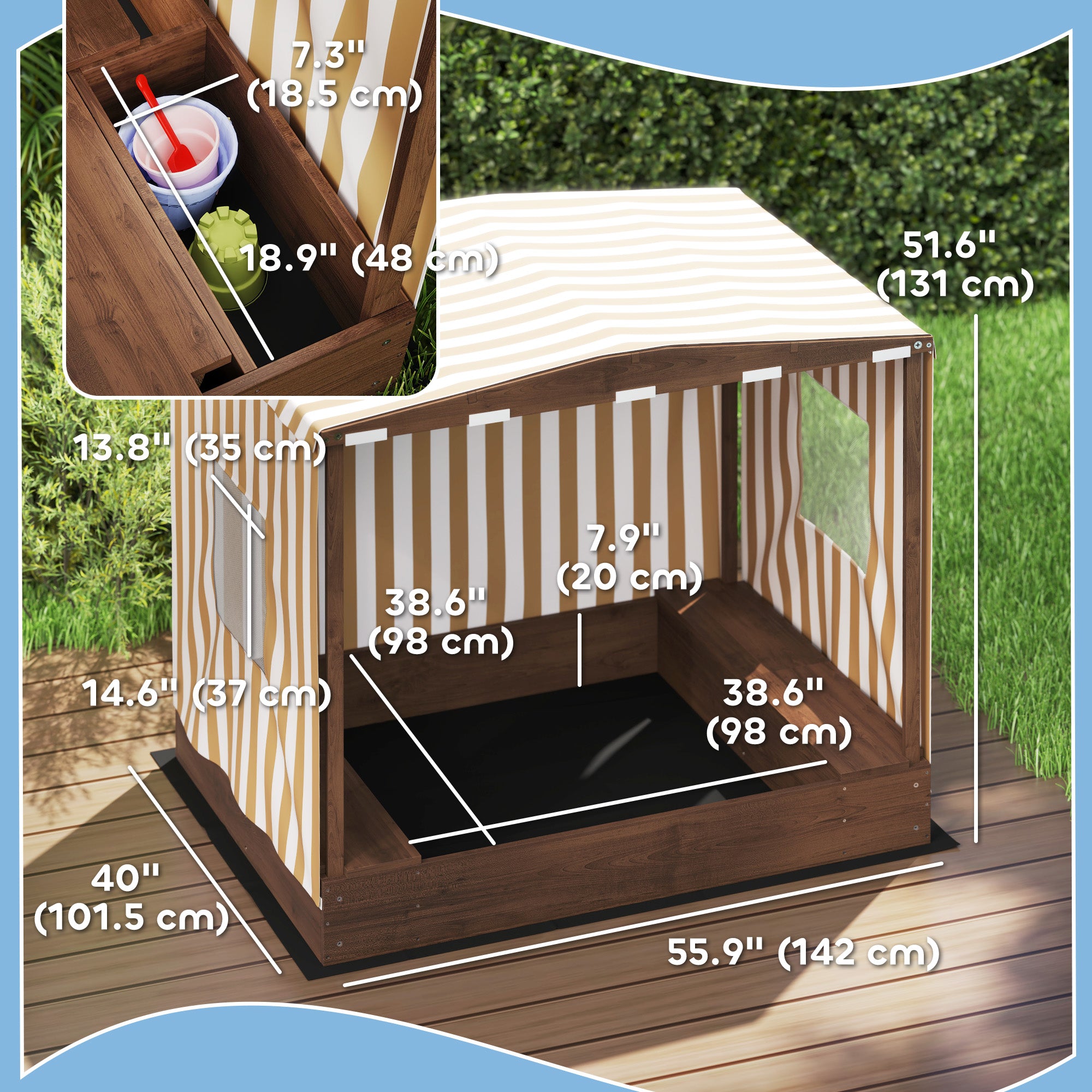 Qaba Kids Sandbox with Canopy Cover, Bench Seats & Bottom Liner - Outdoor Play Sand Box for Toddlers Ages 3-6 (56