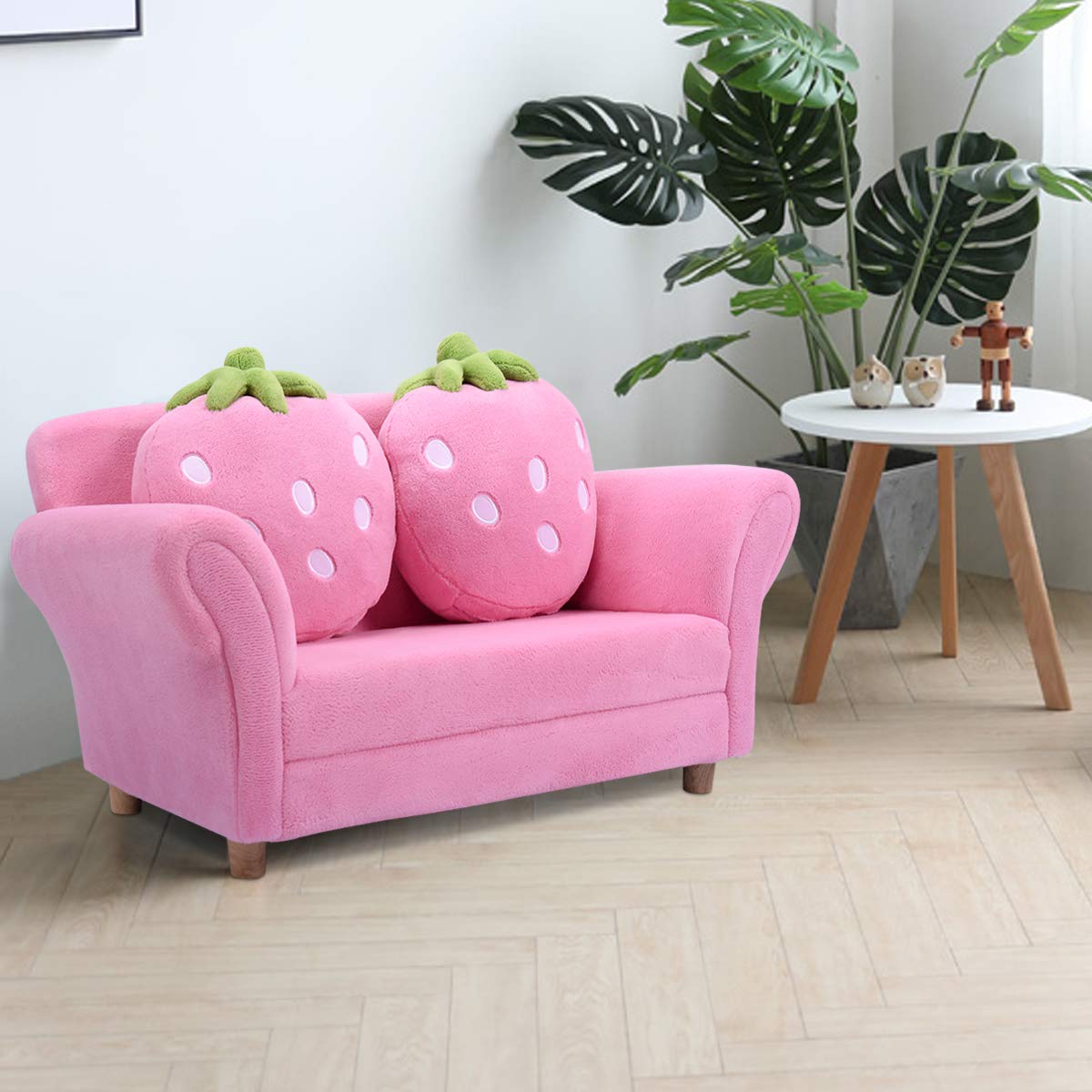 Costzon Kids Double Seat Sofa - Pink Toddler Armrest Chair with 2 Strawberry Pillows, Soft Loveseat for Girls & Boys, Perfect for Bedroom, Living Room & Playroom - Ideal Preschool Gift & Cozy Reading Nook