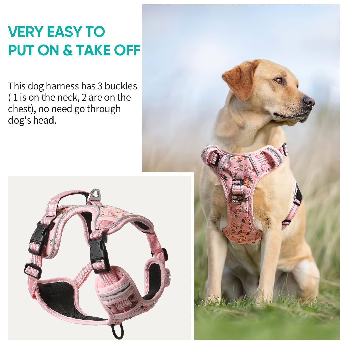 Timos No-Pull Dog Harness with 3 Snap Buckles & 2 Leash Clips - Adjustable Soft Padded Oxford Vest for Small, Medium, Large & X-Large Dogs - Reflective No-Choke Design for Safe Night Walks, Hiking & Outdoor Adventures