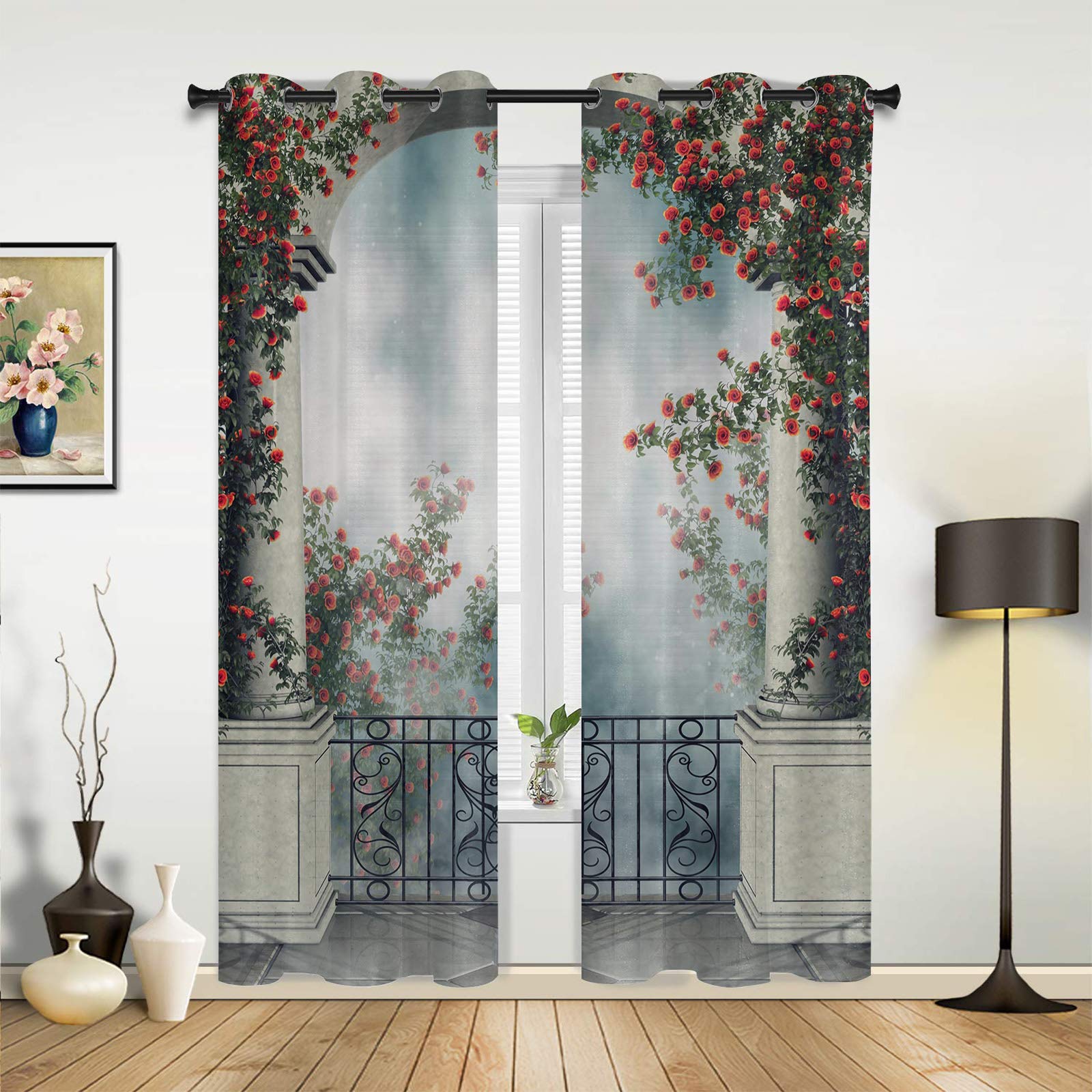 Elegant Rose Flower Frog & Stone Arch Sheer Curtains for Bedroom, Living Room, Balcony - 52