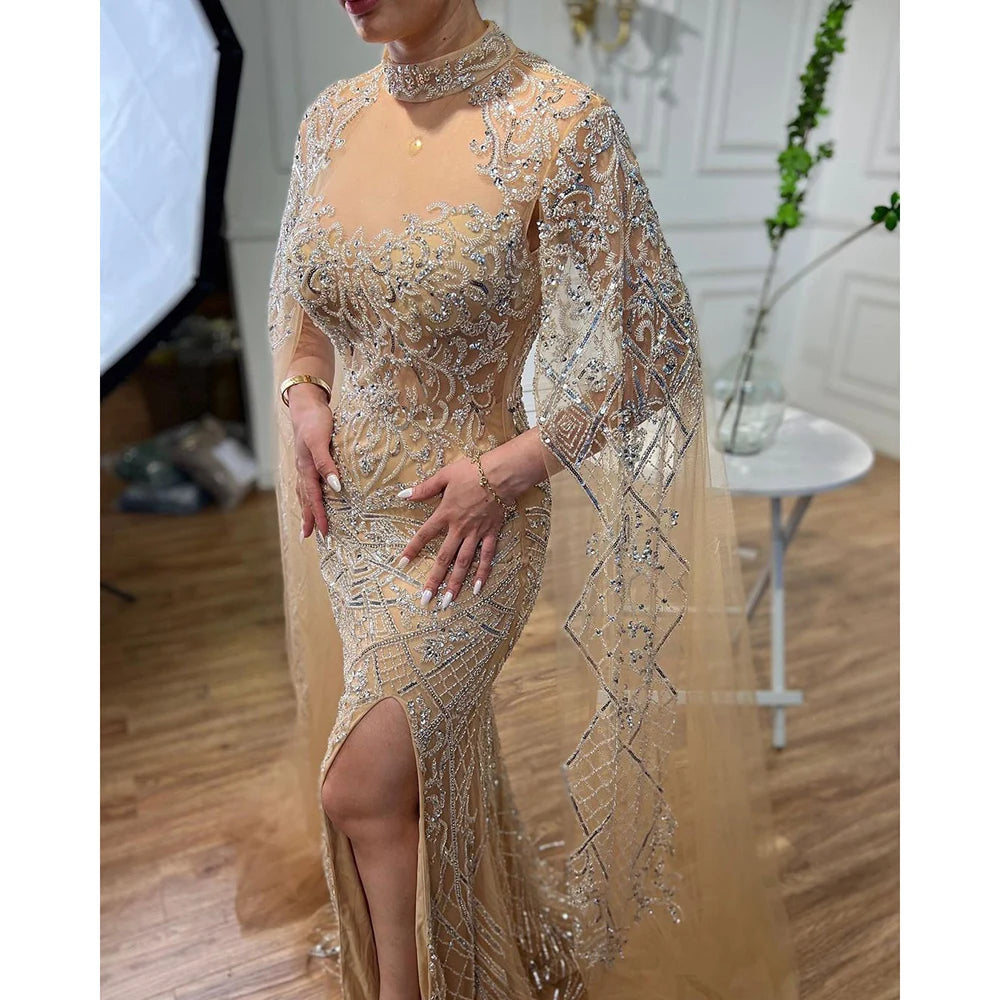 Elegant Beaded Mermaid Evening Gown with High Collar & Cape Sleeves - Luxury Women's Party Dress for Prom, Gala & Formal Events - Serene Hill Collection 2025