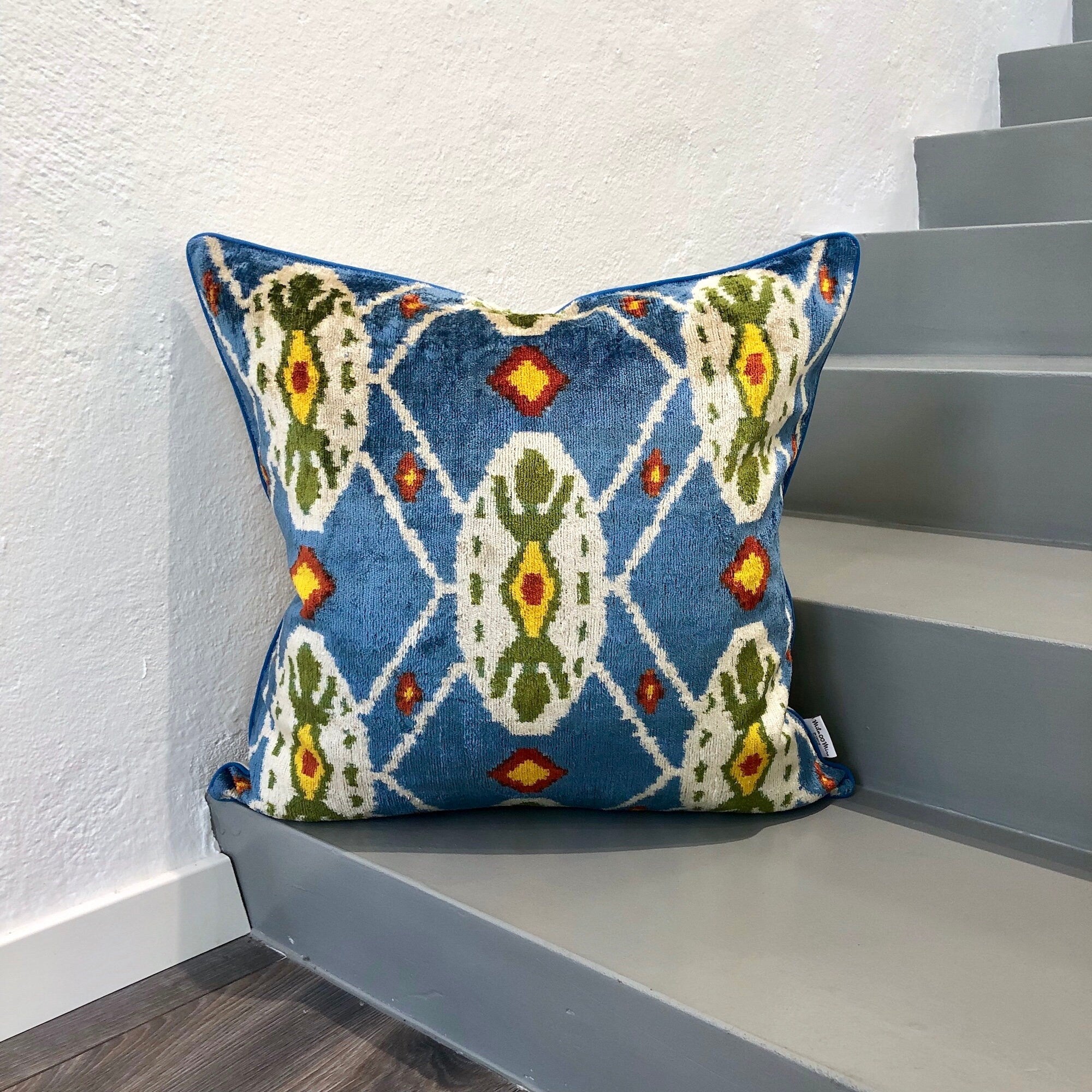 Luxury Velvet Ikat Throw Pillow Cover - Blue Marine Home Decor | Boho Chic Cushion for Sofa, Bed & Living Room | Washable Decorative Pillow Case for Modern Interior Design