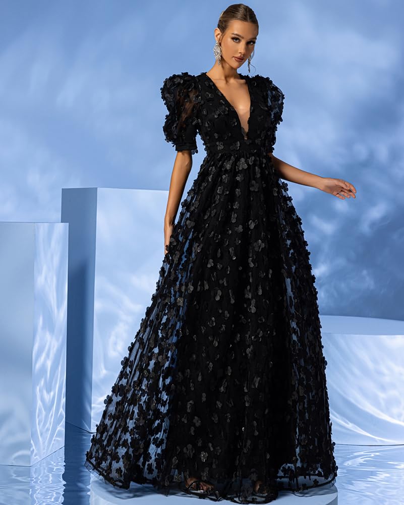 Elegant Women's Floral Tulle A-Line Prom Dress with Puffy Sleeves & V-Neck - Perfect for Evening Parties, Formal Events, and Special Occasions