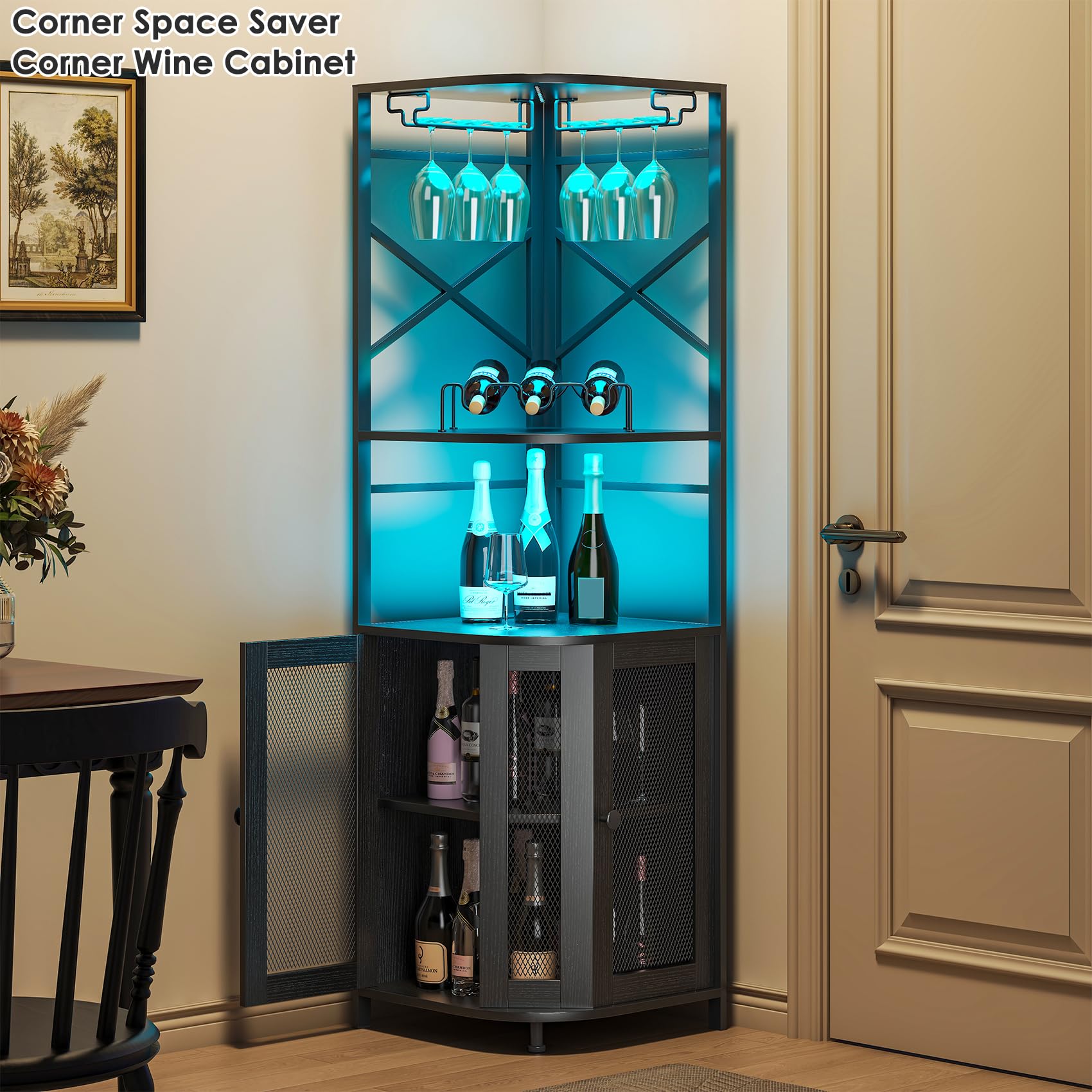 Industrial 5-Tier Corner Bar Cabinet with LED Strip & Power Outlet - Modern Wine & Liquor Display Cabinet with Glass Holder for Home, Office or Small Spaces - Black