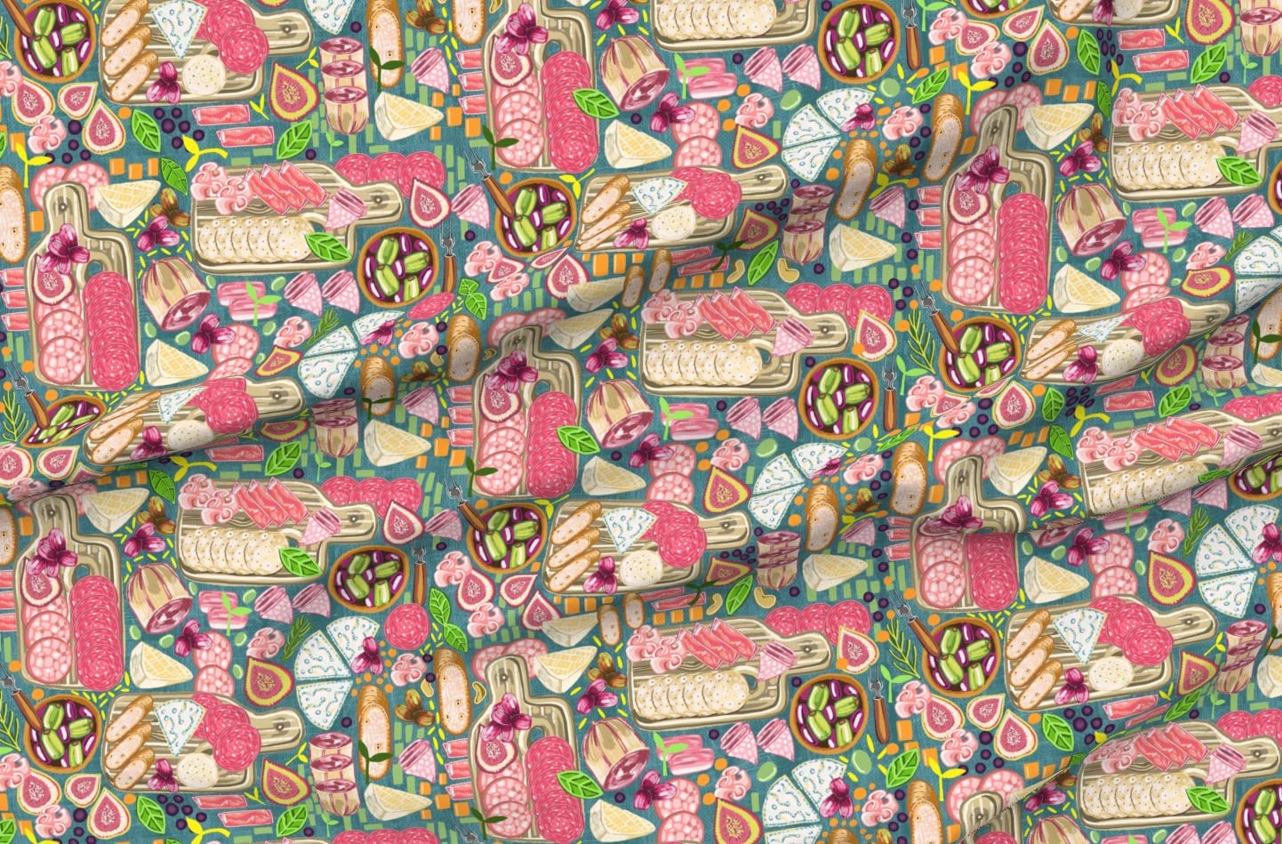 Antipasto Charcuterie Board Printed Fleece Fabric by The Yard - Soft Sewing Material for Blankets, Loungewear & No-Sew DIY Projects - Perfect for Home Decor, Crafting & Gift Making