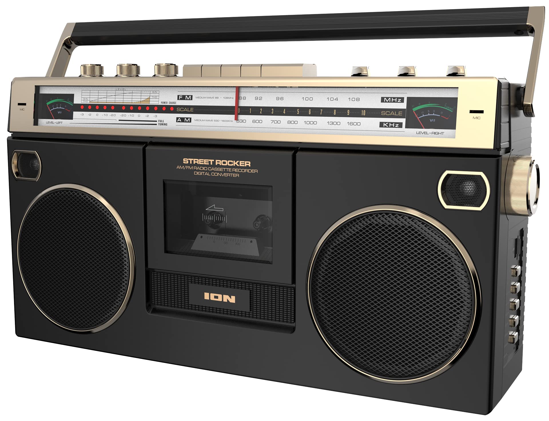 Vintage 1980s Style Portable Bluetooth Boombox - AM/FM Radio Cassette Player with Recording, VU Meters & USB Playback | Dual High Bass Speakers (Gold Edition) - Perfect for Retro Parties, Outdoor Gatherings & Home Decor