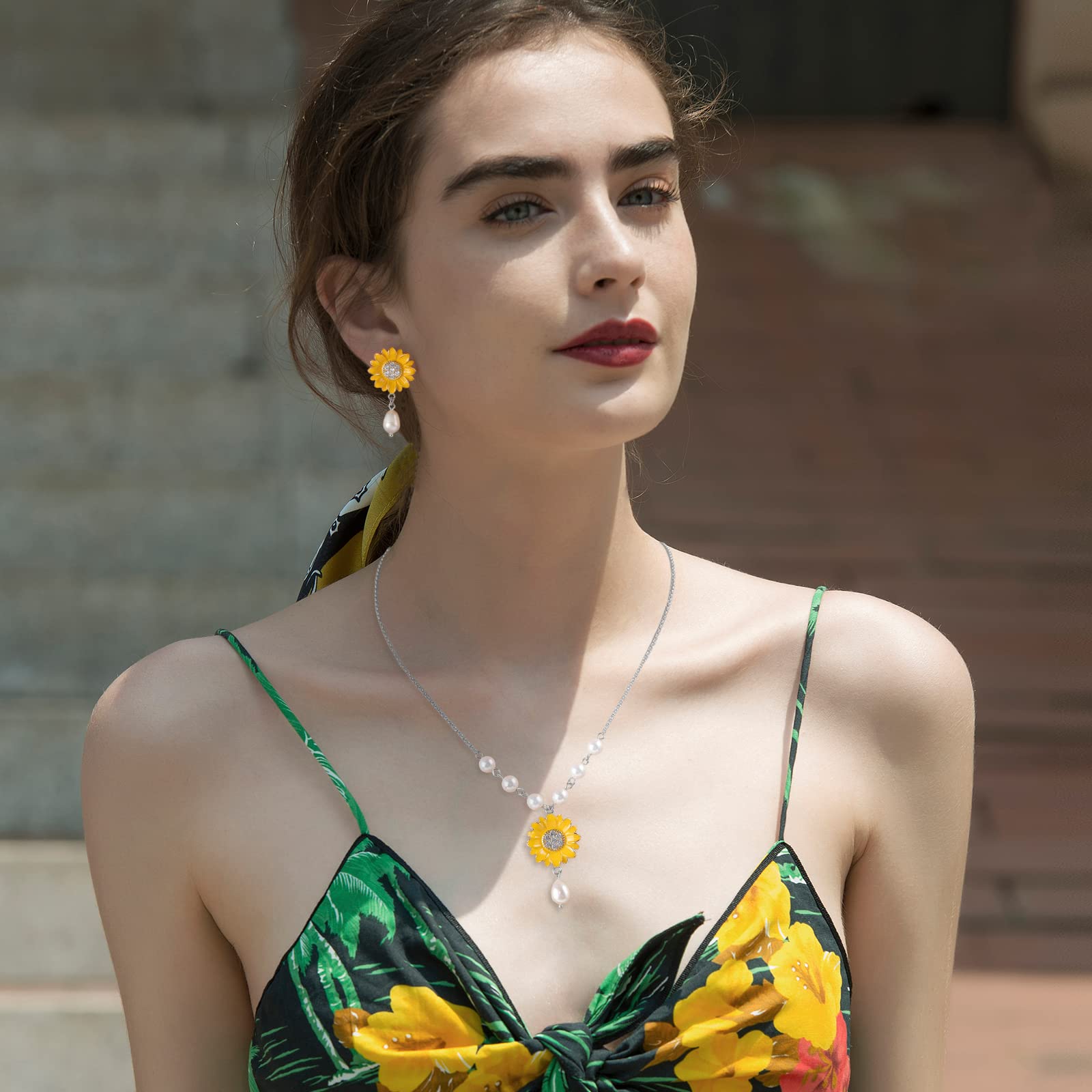 16K Gold Plated Sunflower Rose Drop Earrings for Women - Yellow CZ Pearl Daisy Stud Earrings Jewelry Gift for Birthday, Anniversary & Wedding | Perfect for Casual Wear, Office & Special Occasions