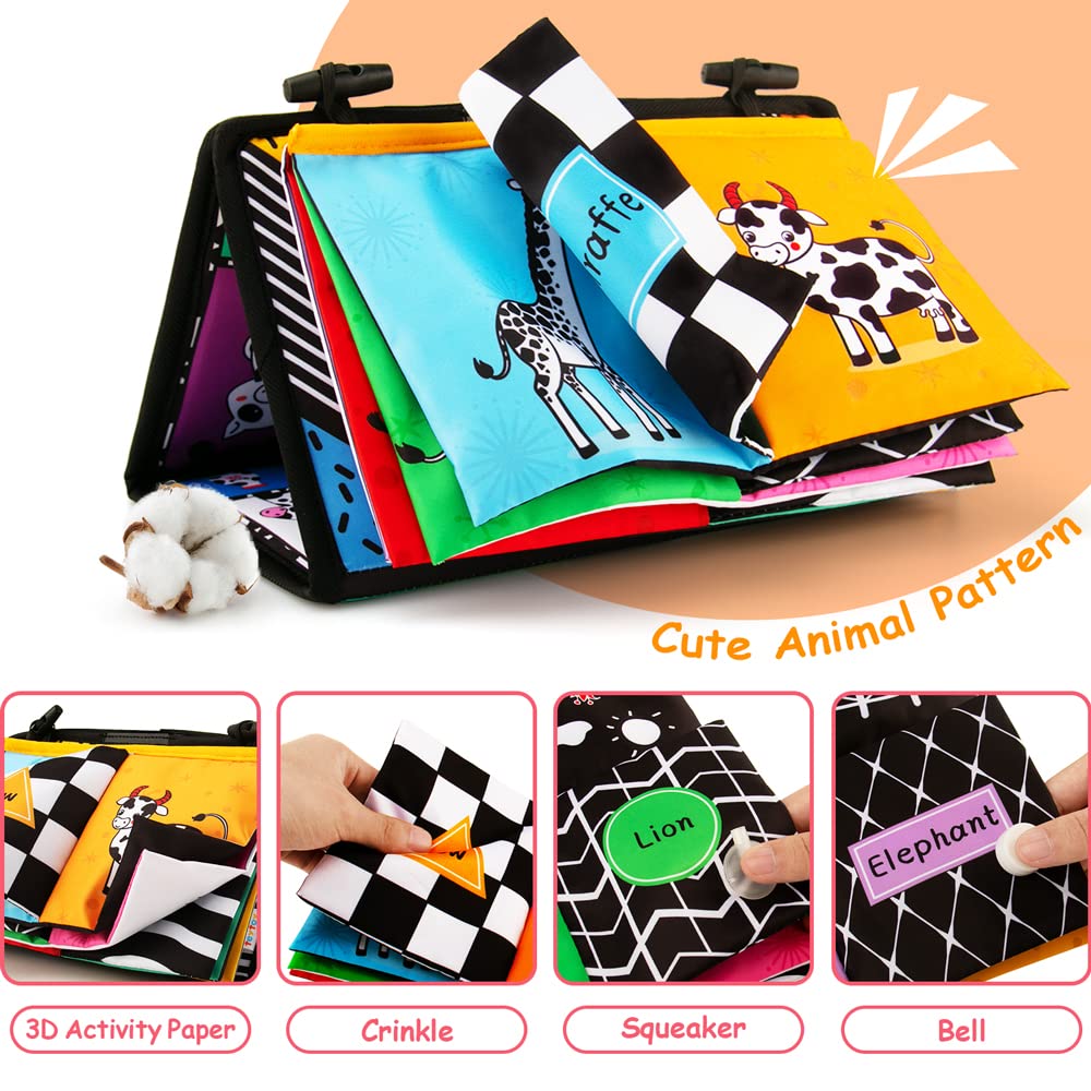 3-in-1 Tummy Time Mirror & Sensory Toy Set with Soft Crinkle Book, Teether, Rattle - High Contrast Black & White Montessori Baby Developmental Toys for Newborns 0-12 Months | Perfect for Crawling Practice, Sensory Stimulation & Early Learning