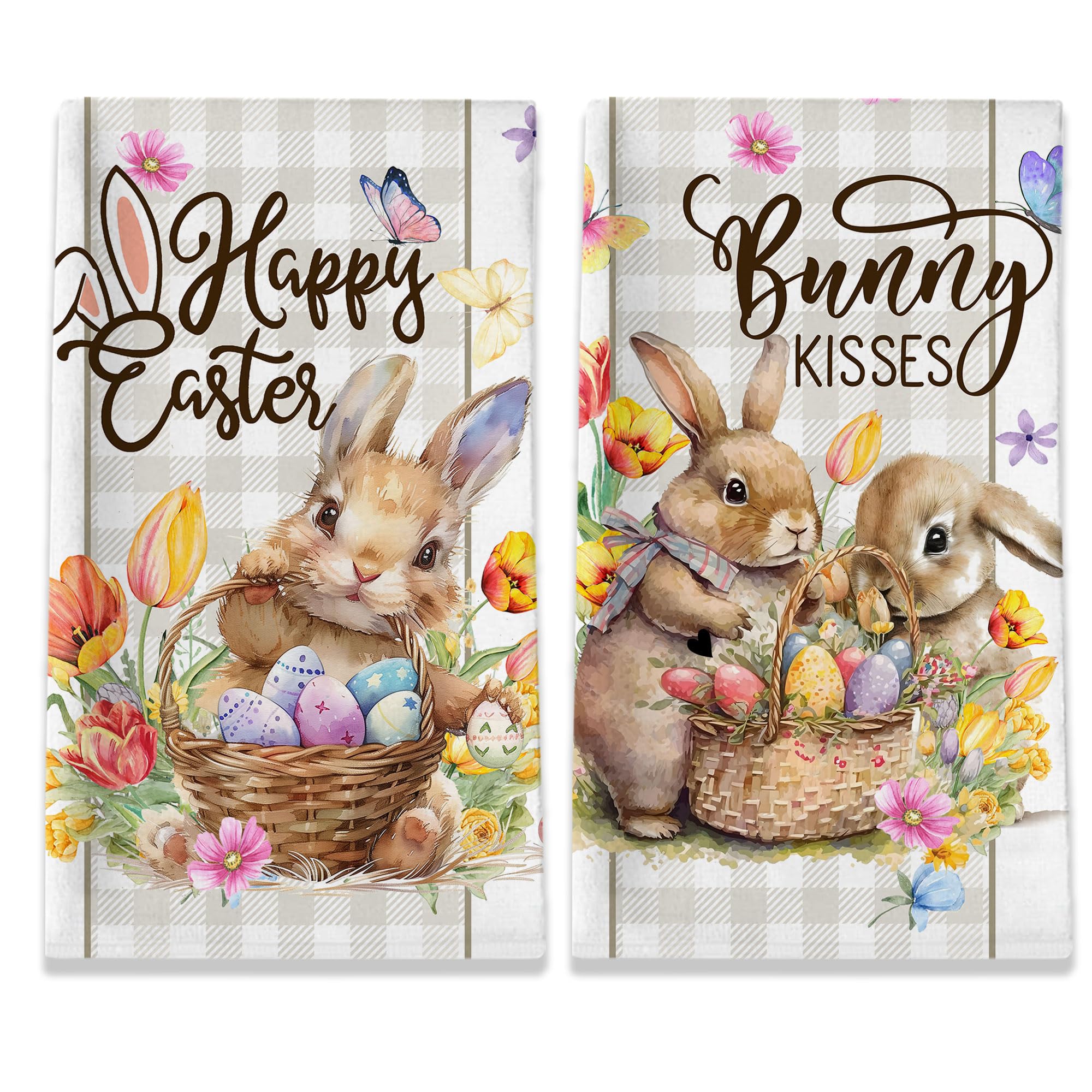 Easter Kitchen Towels Set of 2 - Bunny & Egg Design Farmhouse Dish Towels with Buffalo Plaid Pattern (18x26 Inches) - Spring Home Decor, Seasonal Gifts for Kitchen & Easter Celebrations