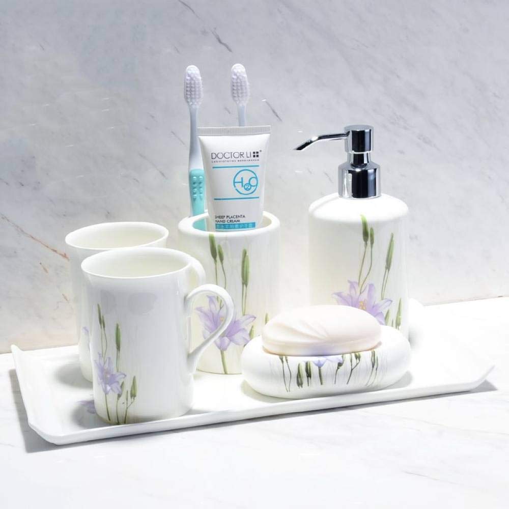 Vintage Ceramic Bathroom Accessory Set - 6 Piece Purple Lily Flower Decor with Soap Dispenser, Toothbrush Holder, Soap Dish & More - Elegant White Cylindrical Vanity Tray for Bathroom Organization | Perfect for Home, Apartment & Guest Bath Decor