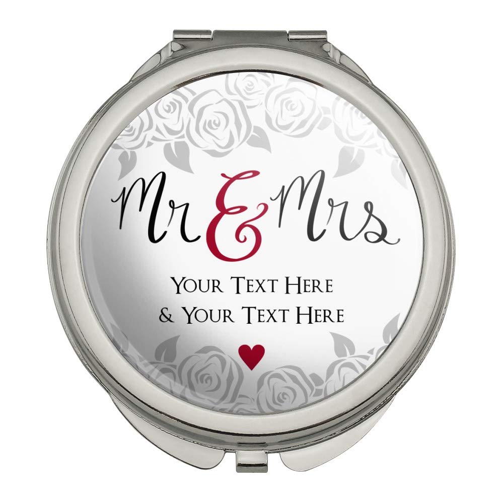 Personalized Mr & Mrs Wedding Compact Mirror - Custom Engraved 2 Lines - Travel Makeup Purse Handbag for Bridal Shower, Honeymoon & Anniversary Gifts