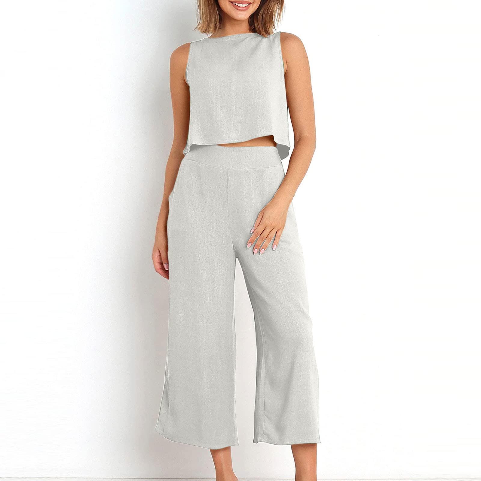 Women's 2-Piece Summer Outfit - Linen Crop Top & High Waist Wide Leg Pants Set | Lounge Wear, Beach Vacation, Casual Street Style