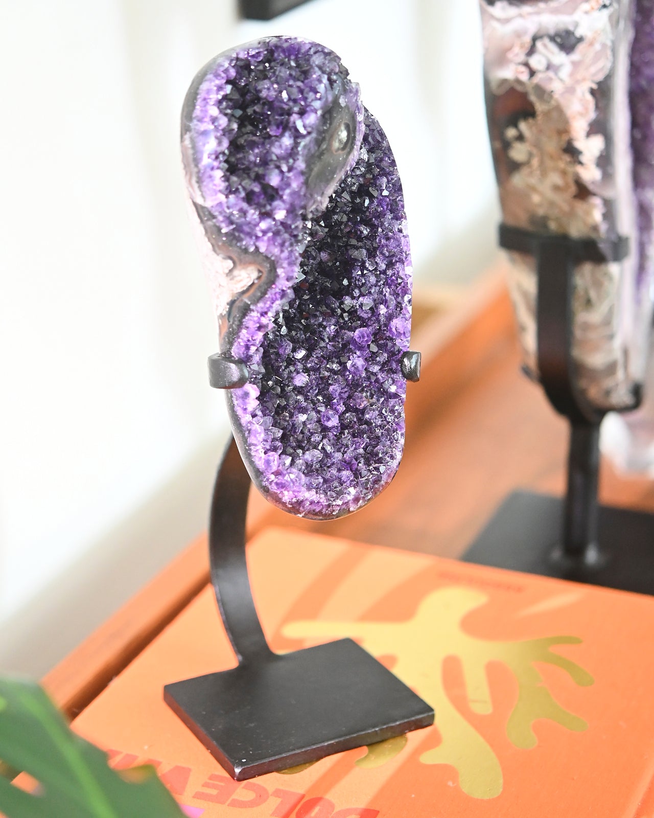 Natural Amethyst Crystal Geode on Wooden Stand - 3.8lbs Healing Stone for Home Decor, Meditation & Spiritual Gifts