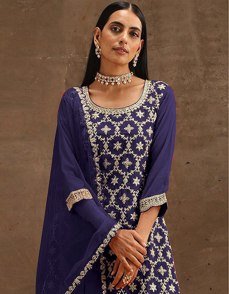 Royal Blue Faux Georgette Palazzo Pants for Women - Flowy Wide Leg Straight Trousers for Casual Wear, Office & Special Occasions