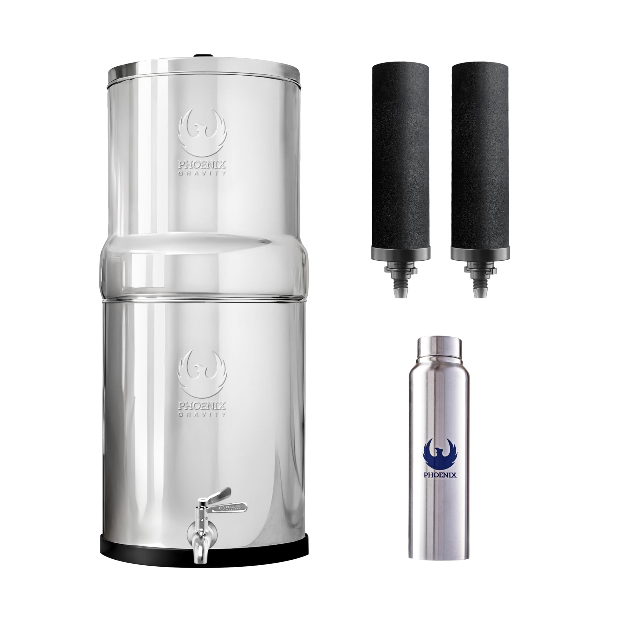 Phoenix Gravity-Fed 2.25 Gallon Stainless Steel Water Filter System - NSF Certified Black Filter Elements & Steel Tap for Camping, Home Countertop - Perfect for Outdoor Adventures & Emergency Preparedness