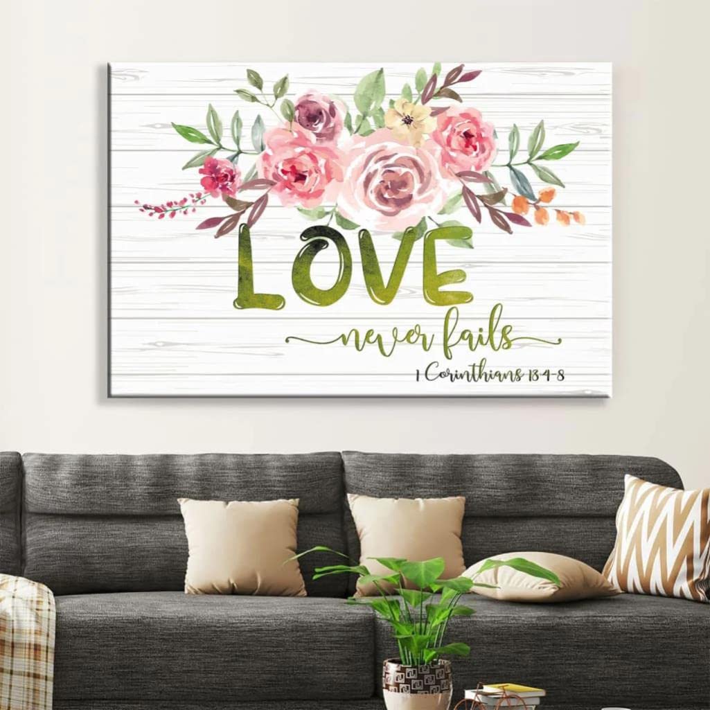 Love Never Fails 1 Corinthians 13:4-8 Christian Wall Art Canvas - Inspirational Jesus Canvas Print for Home, Church & Office Decor - Religious Scripture Art Gift